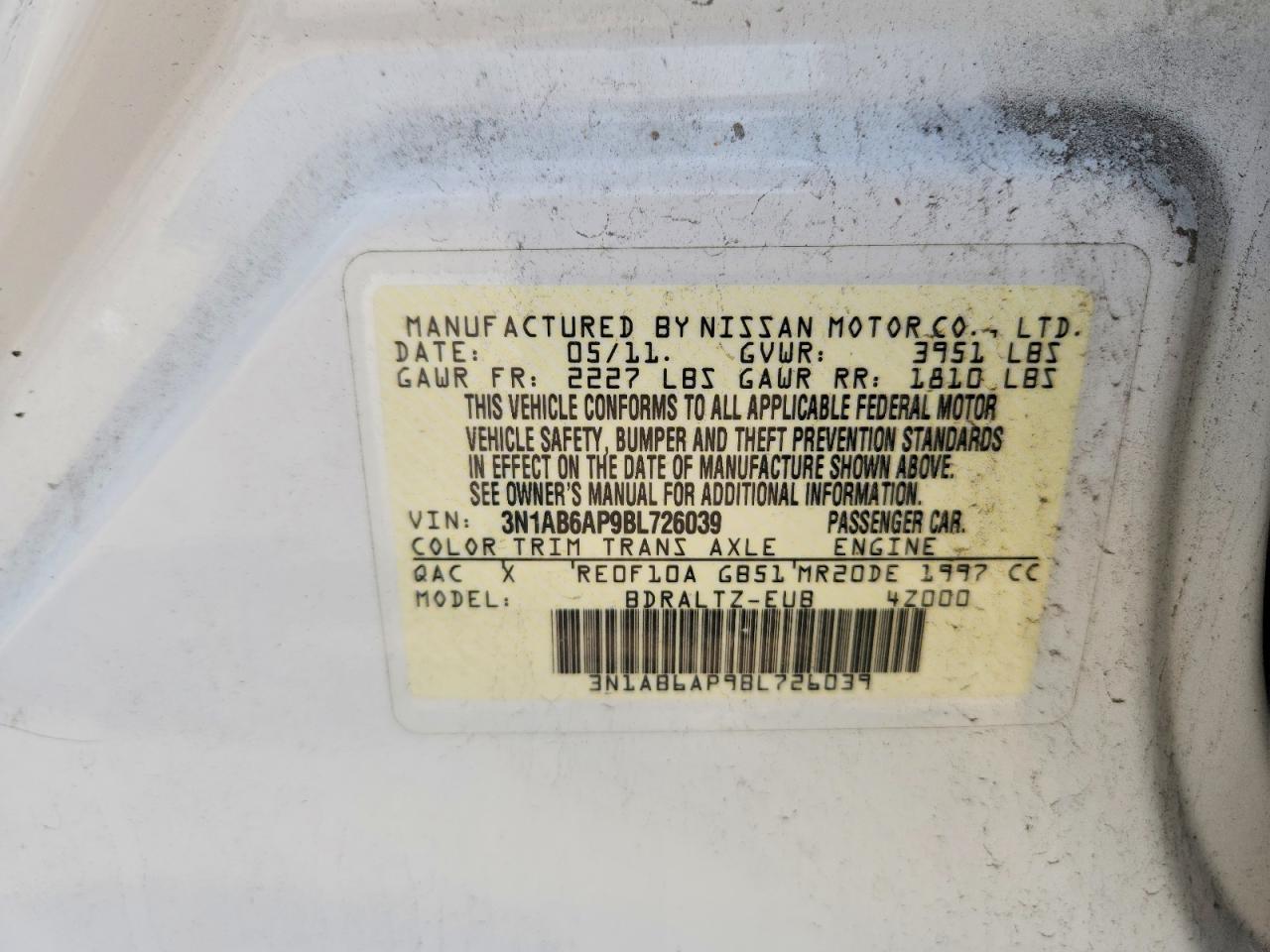 2011 Nissan Sentra 2.0 White vin: 3N1AB6AP9BL726039