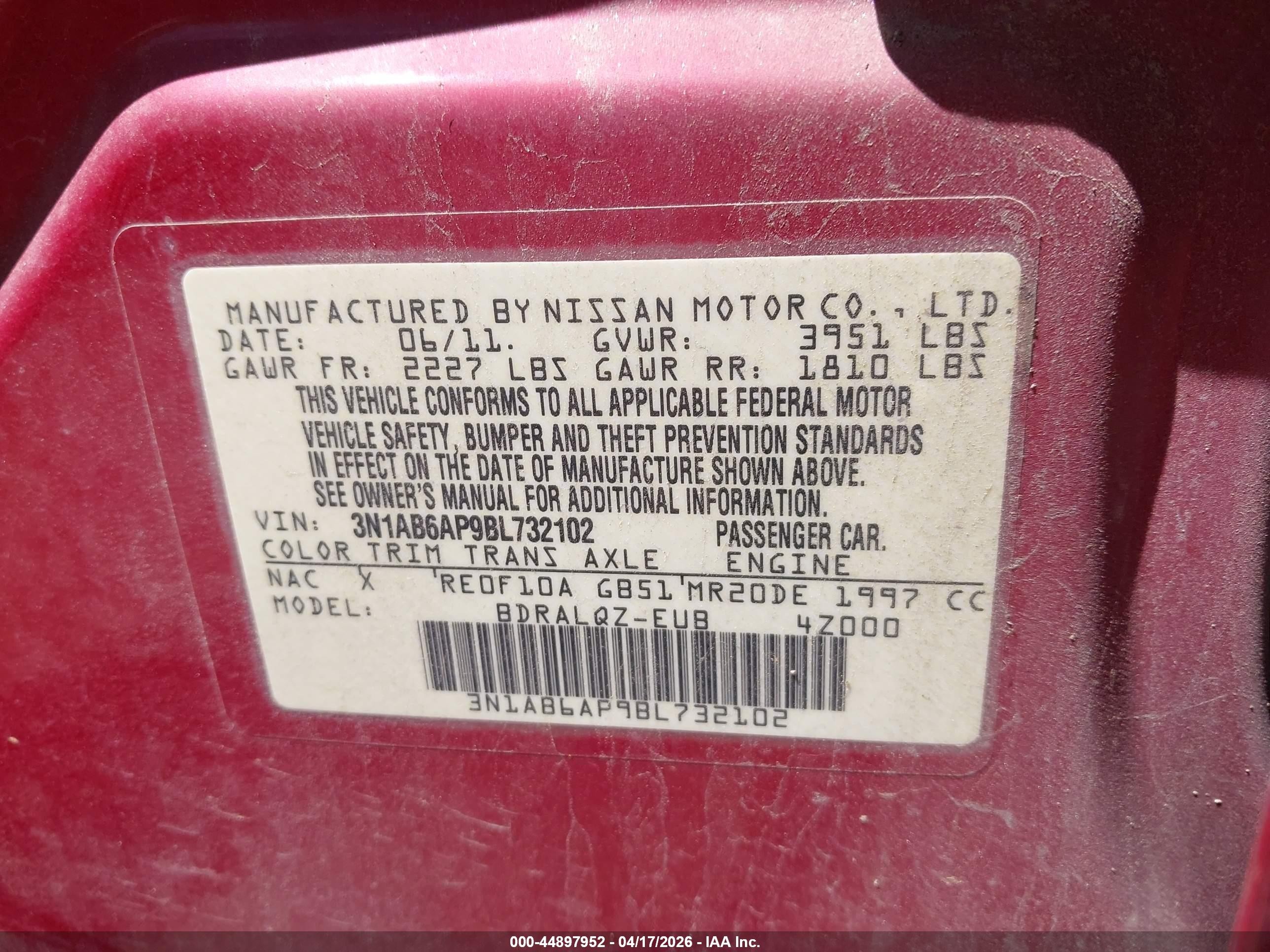 2011 Nissan Sentra 2.0 Red vin: 3N1AB6AP9BL732102