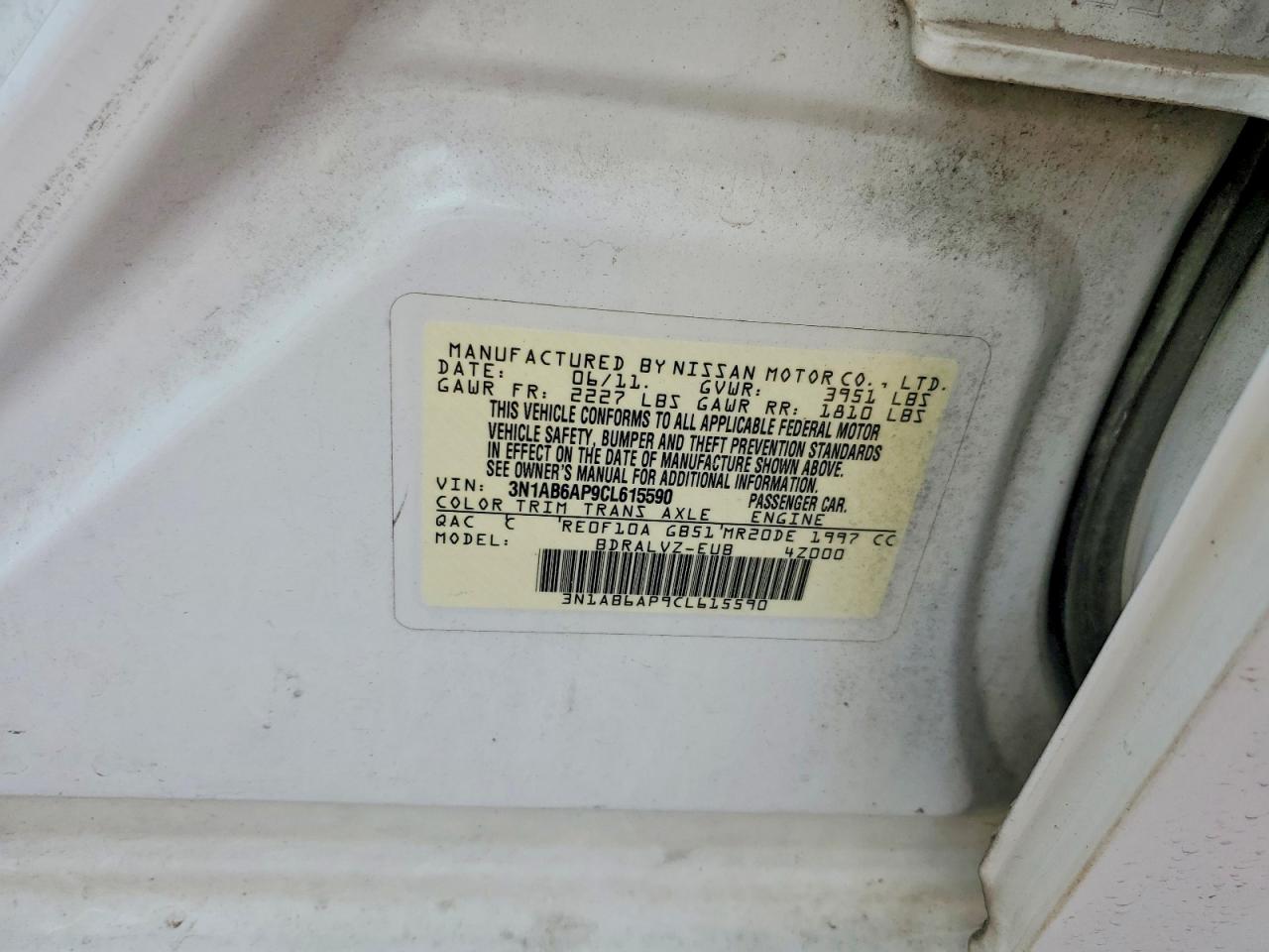 2012 Nissan Sentra 2.0 White vin: 3N1AB6AP9CL615590