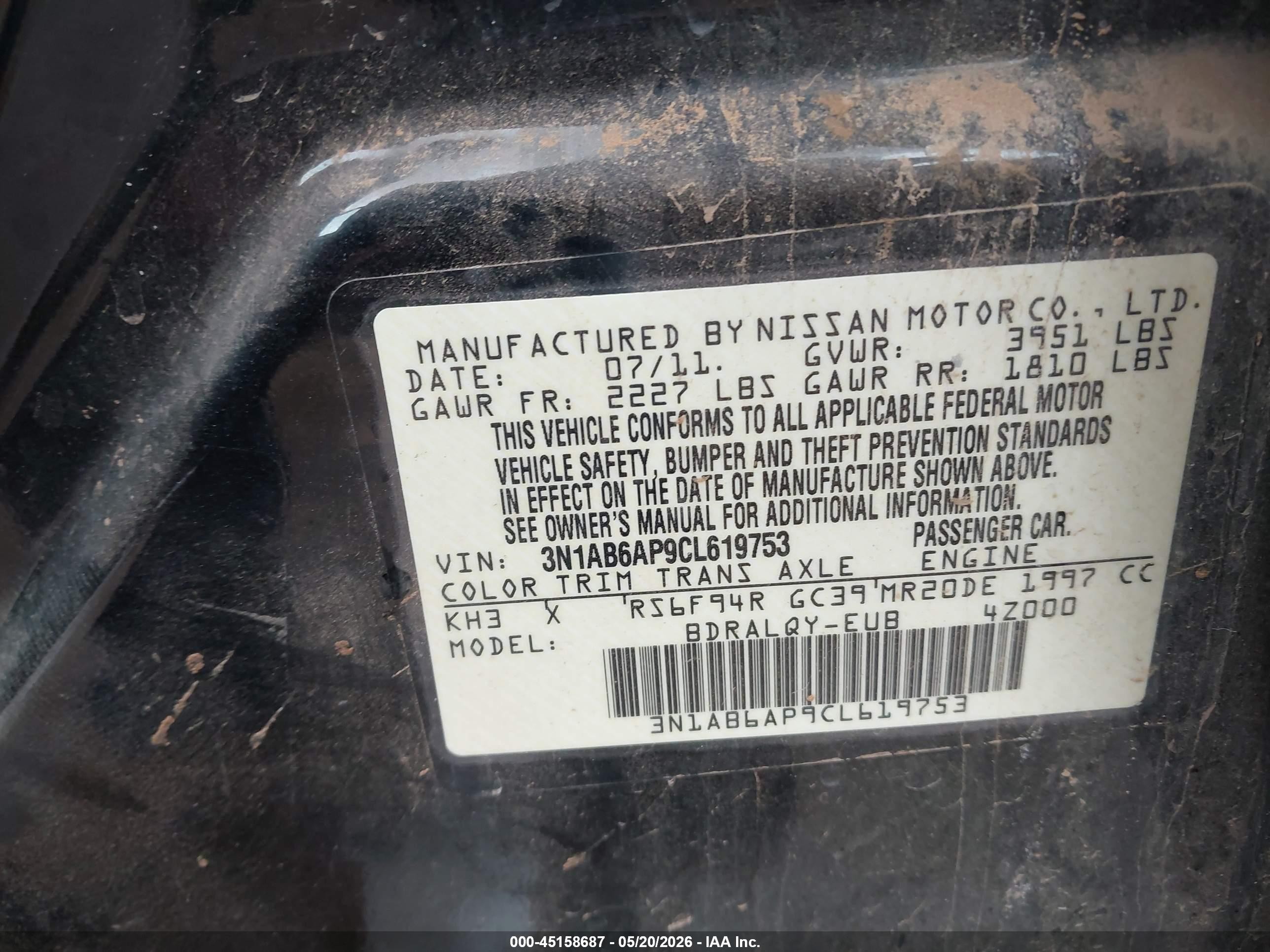 2012 Nissan Sentra 2.0 Black vin: 3N1AB6AP9CL619753