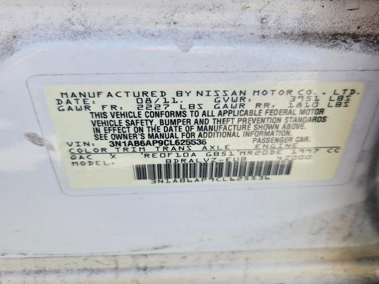 2012 Nissan Sentra 2.0 White vin: 3N1AB6AP9CL625536