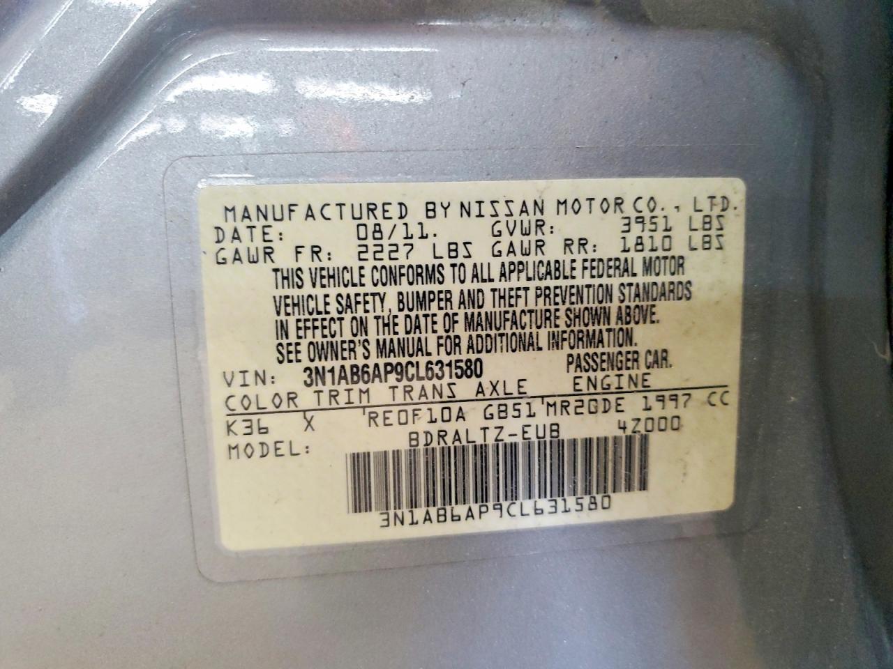 2012 Nissan Sentra 2.0 Gray vin: 3N1AB6AP9CL631580