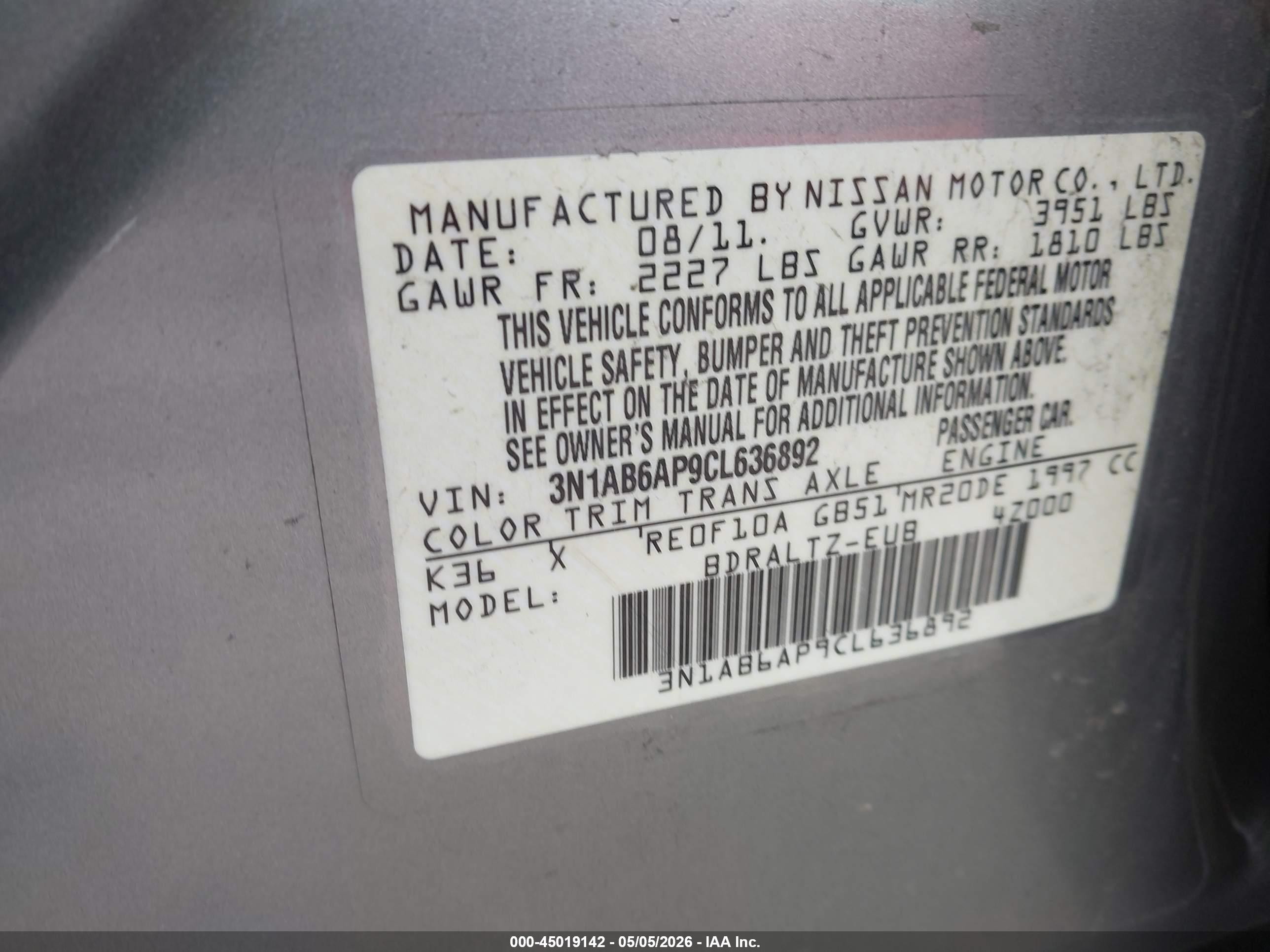2012 Nissan Sentra 2.0 S Серый vin: 3N1AB6AP9CL636892