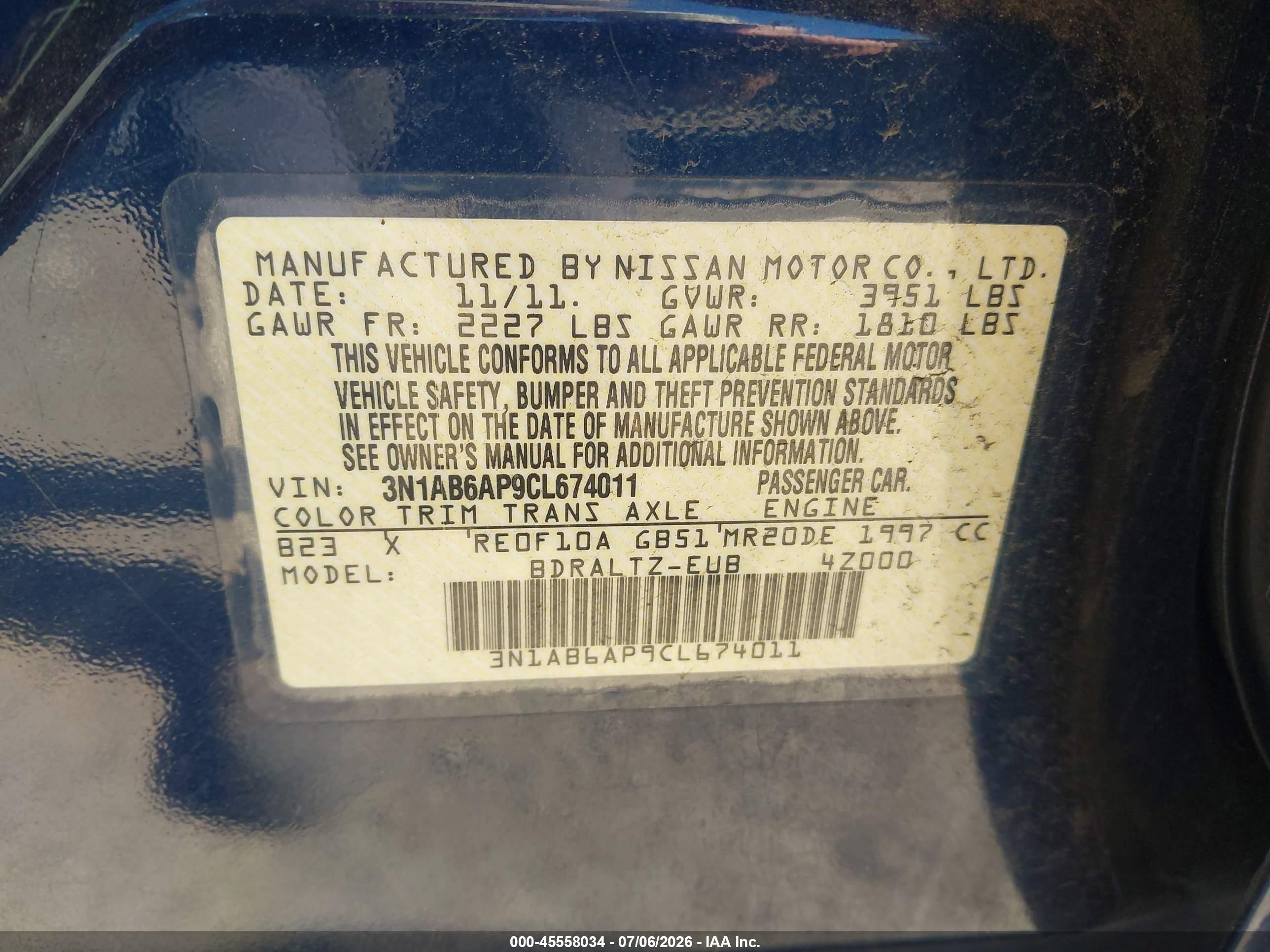 2012 Nissan Sentra 2.0 S Blue vin: 3N1AB6AP9CL674011