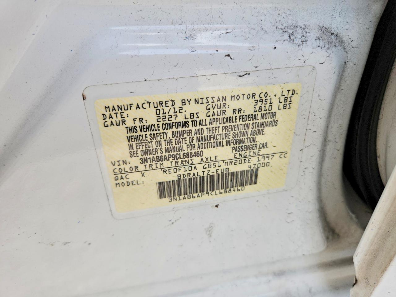 2012 Nissan Sentra 2.0 White vin: 3N1AB6AP9CL688460