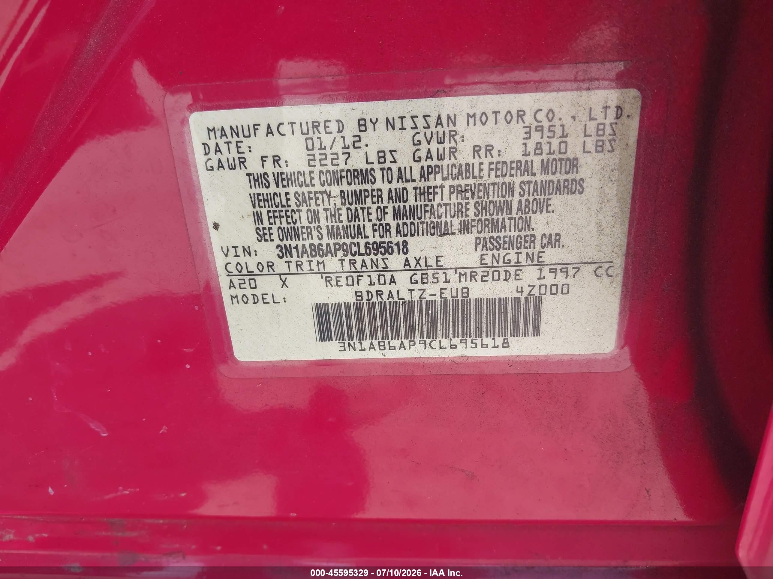 2012 Nissan Sentra 2.0 Sr Red vin: 3N1AB6AP9CL695618