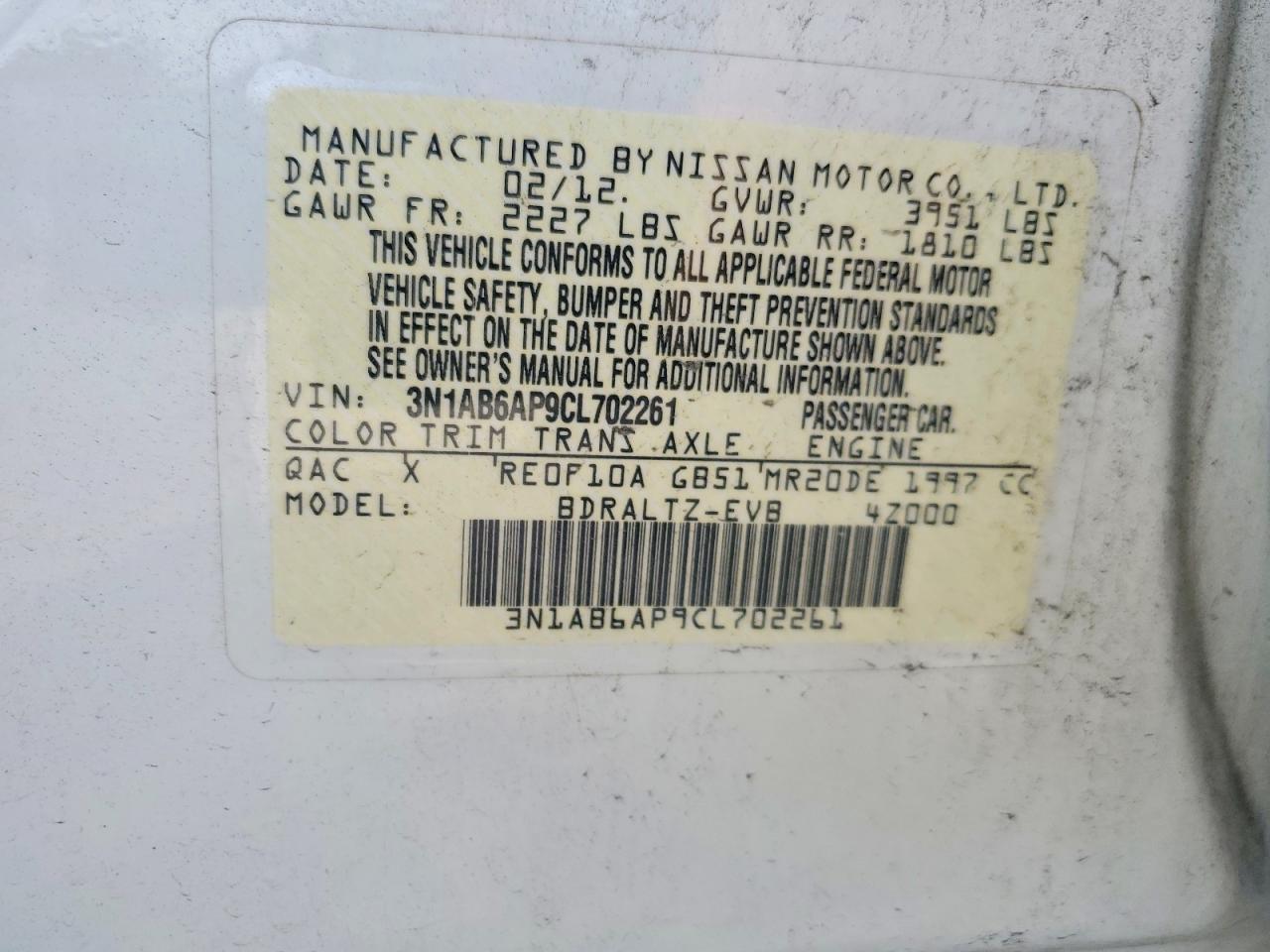 2012 Nissan Sentra 2.0 Белый vin: 3N1AB6AP9CL702261