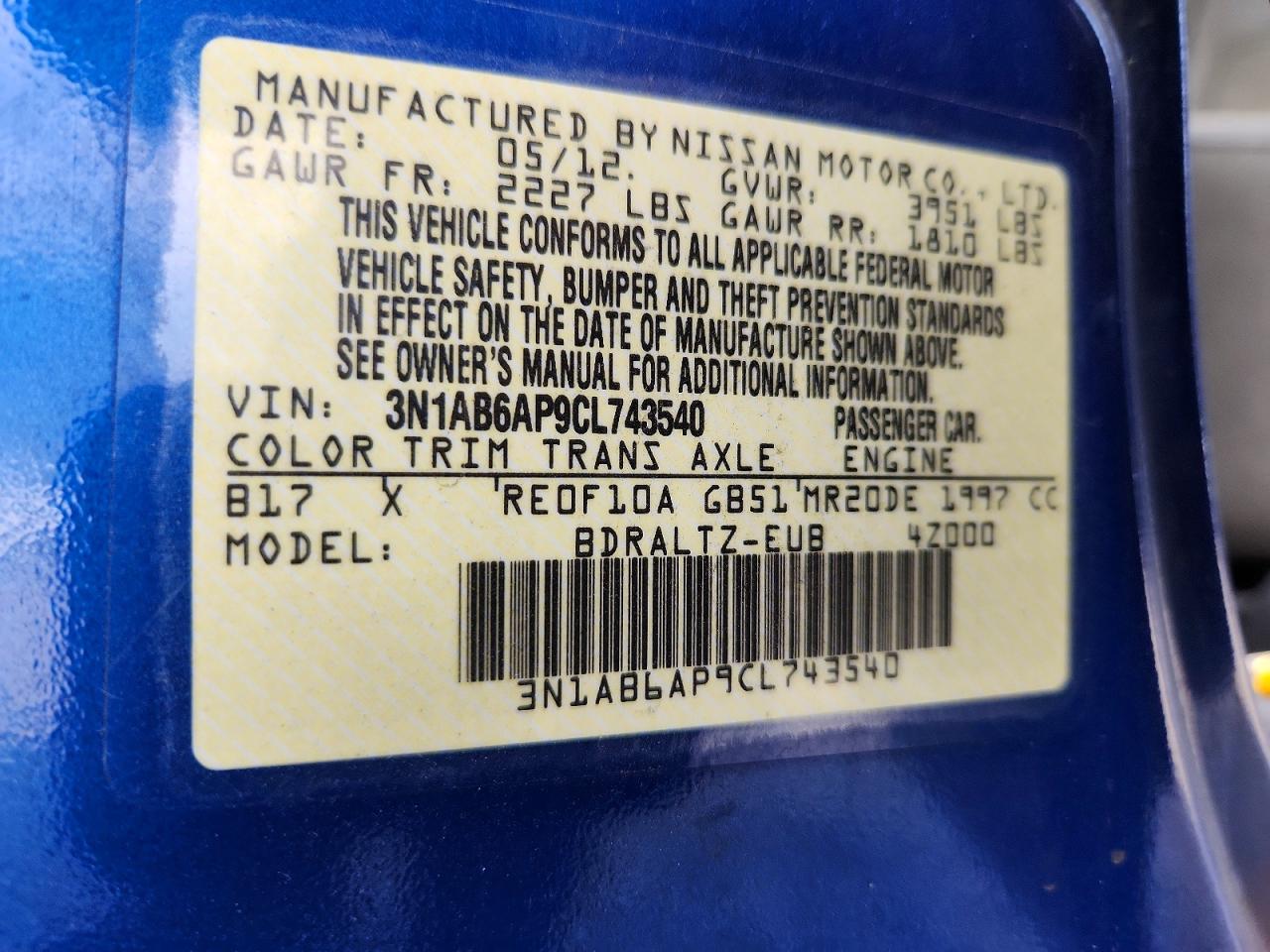 2012 Nissan Sentra 2.0 Blue vin: 3N1AB6AP9CL743540