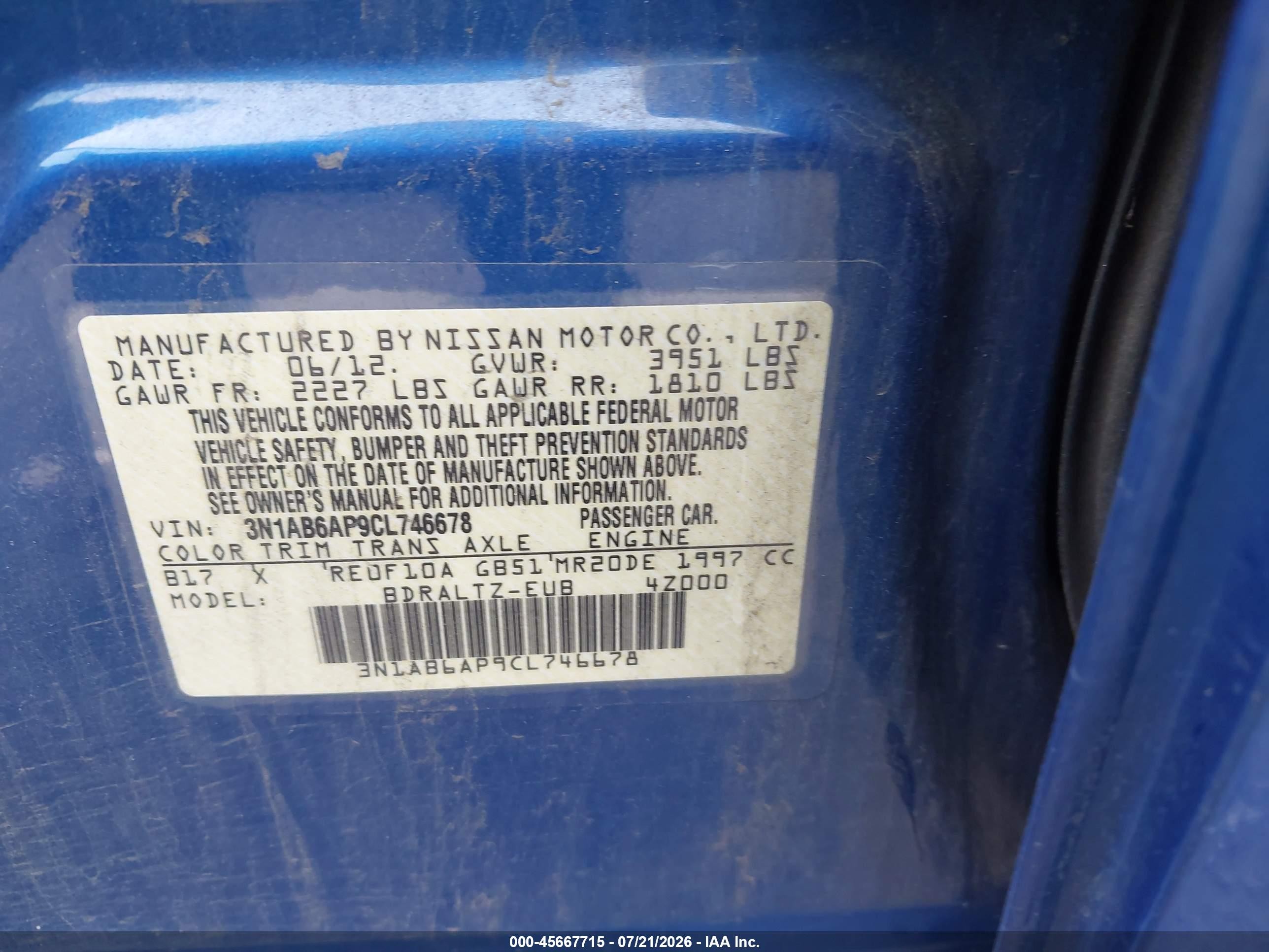 2012 Nissan Sentra 2.0 Sr Blue vin: 3N1AB6AP9CL746678