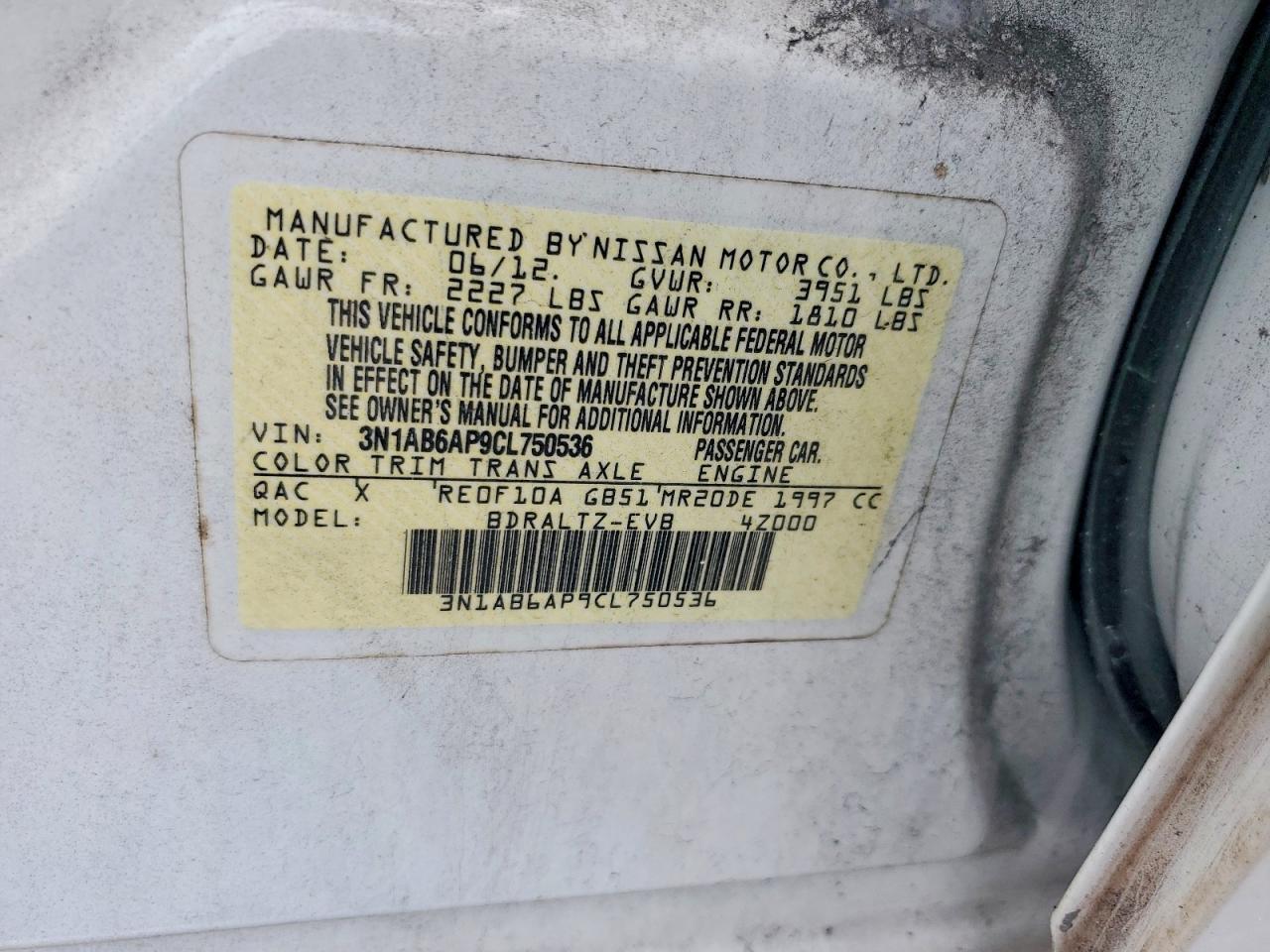 2012 Nissan Sentra 2.0 Белый vin: 3N1AB6AP9CL750536