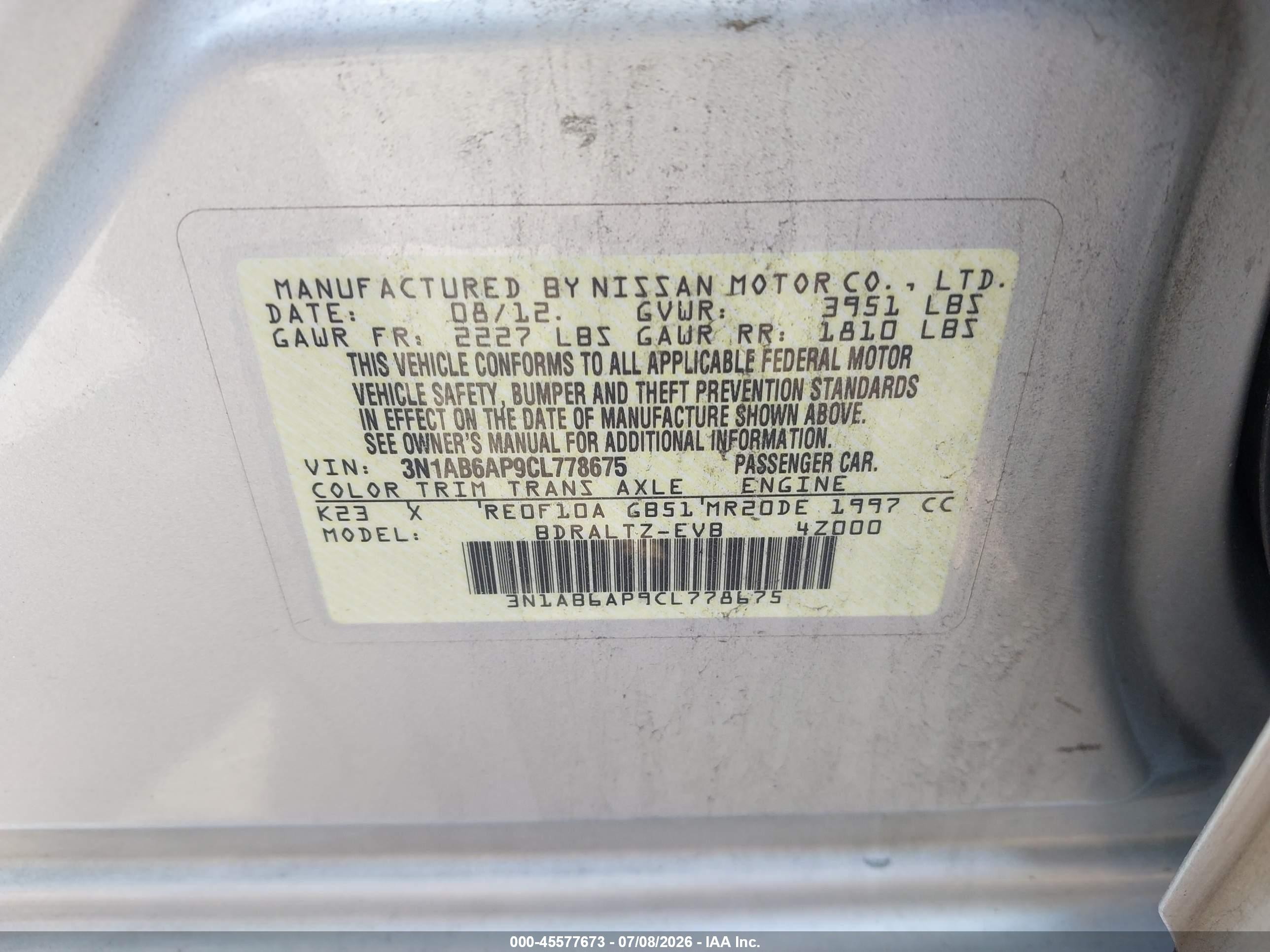 2012 Nissan Sentra 2.0 Sr Серебряный vin: 3N1AB6AP9CL778675