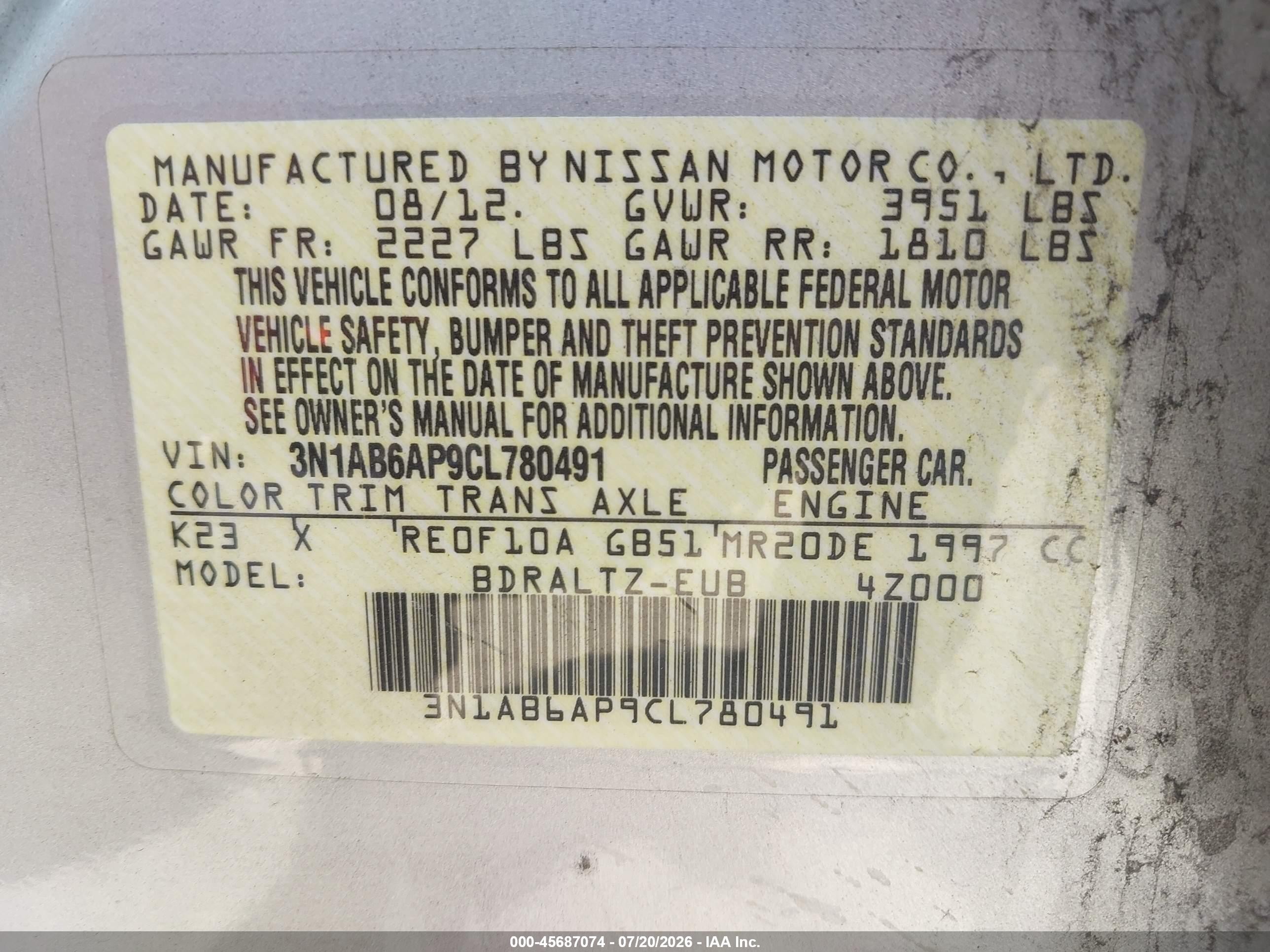 2012 Nissan Sentra 2.0 S Silver vin: 3N1AB6AP9CL780491