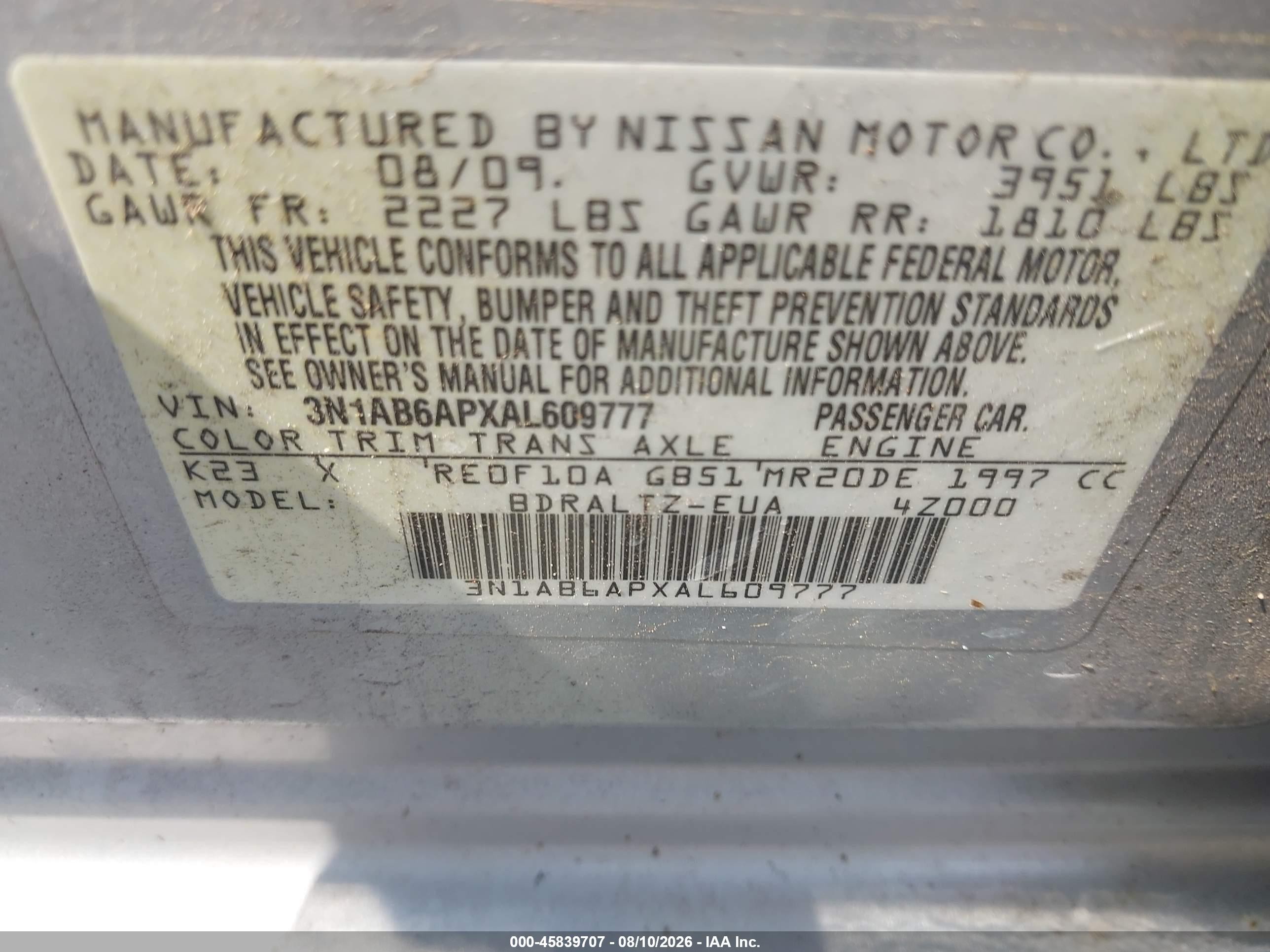 2010 Nissan Sentra 2.0s Silver vin: 3N1AB6APXAL609777