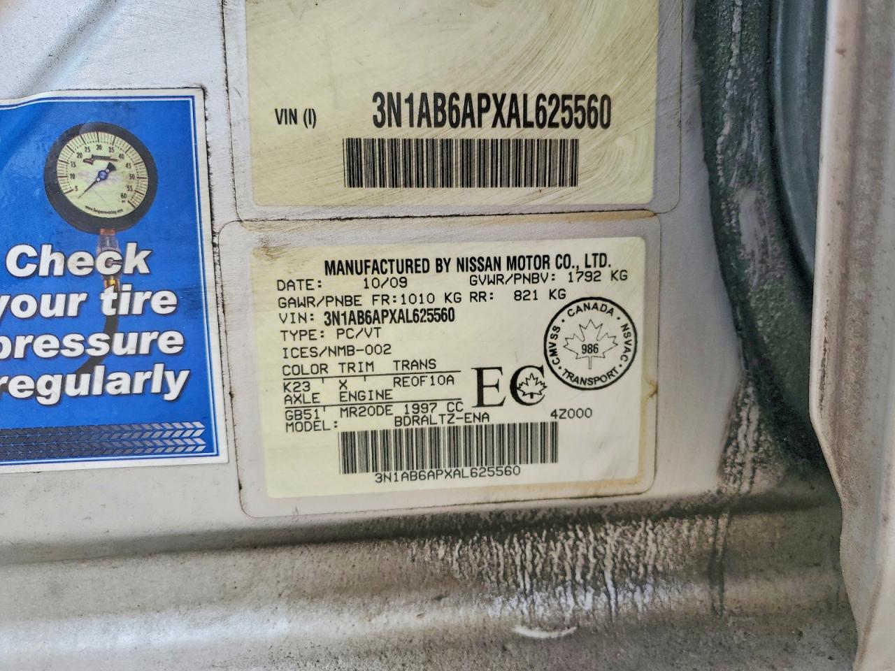 2010 Nissan Sentra 2.0 Silver vin: 3N1AB6APXAL625560