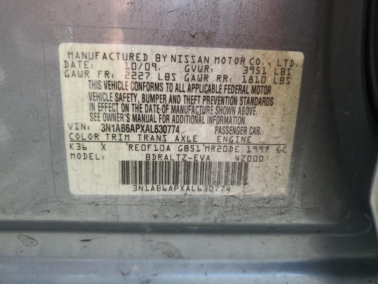 2010 Nissan Sentra 2.0 Silver vin: 3N1AB6APXAL630774