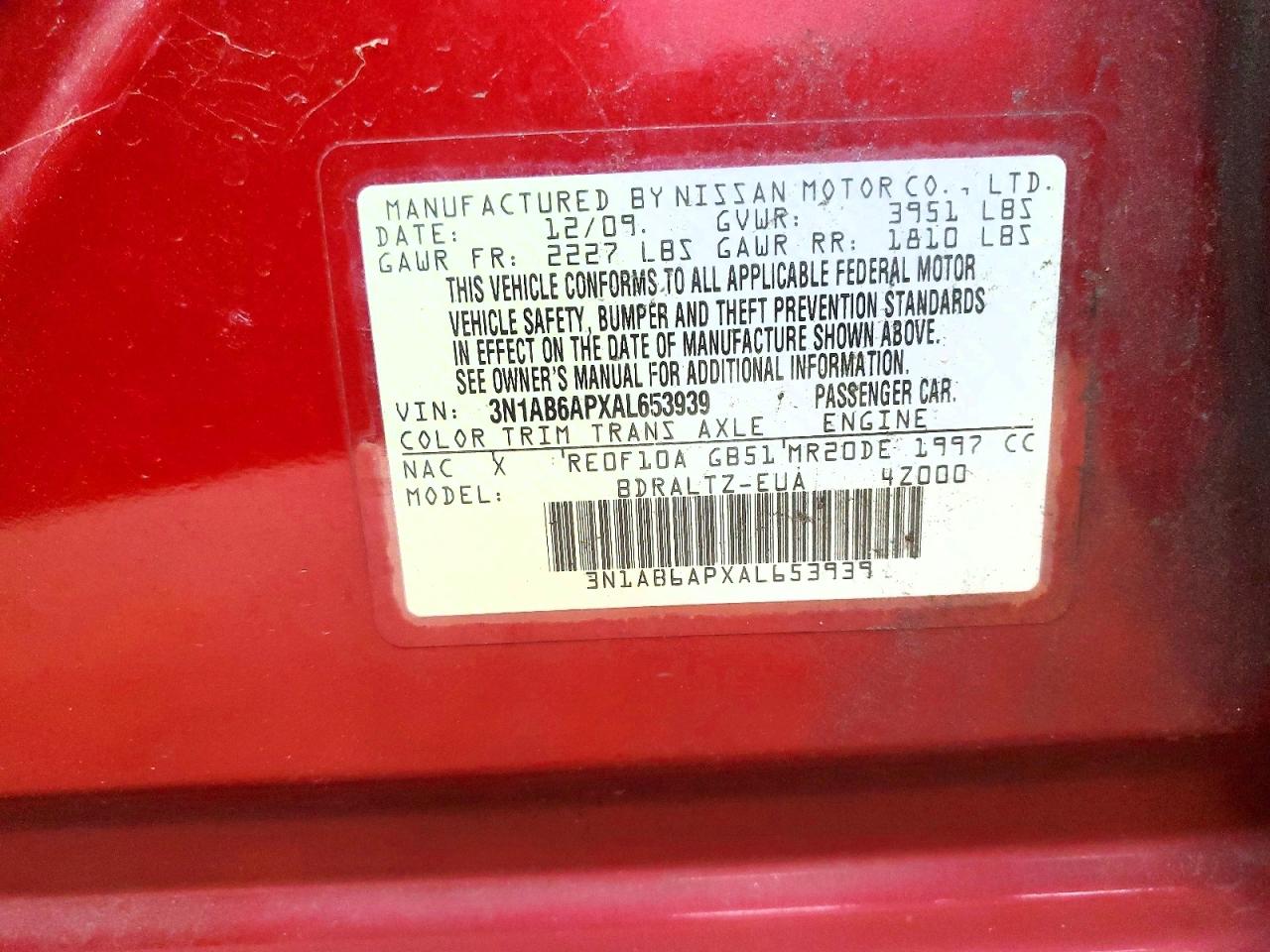 2010 Nissan Sentra 2.0 Red vin: 3N1AB6APXAL653939
