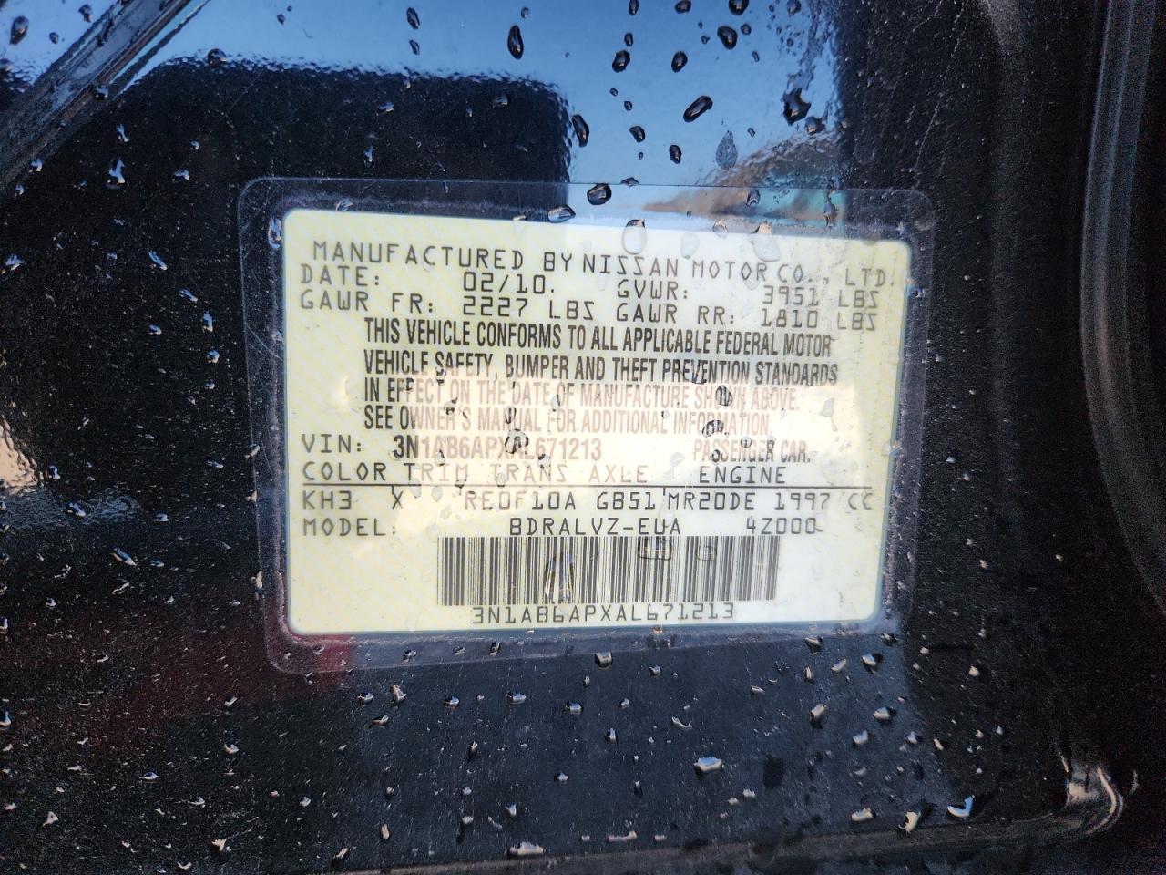 2010 Nissan Sentra 2.0 Black vin: 3N1AB6APXAL671213