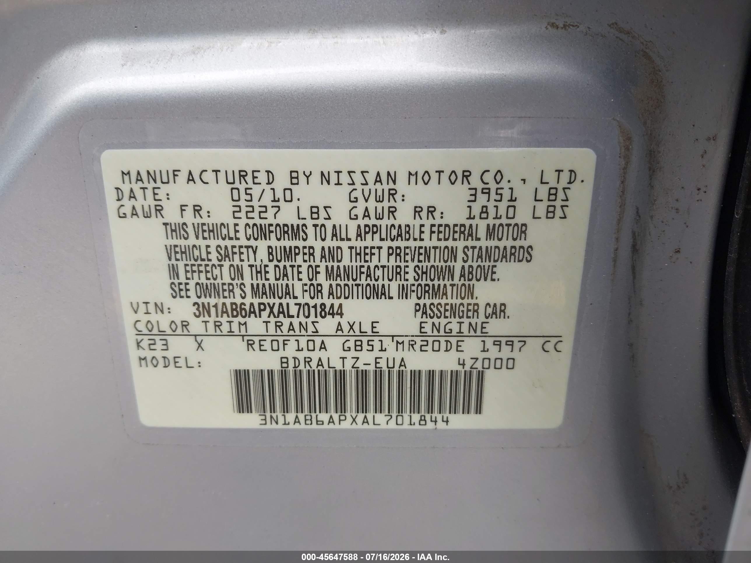2010 Nissan Sentra 2.0s Silver vin: 3N1AB6APXAL701844