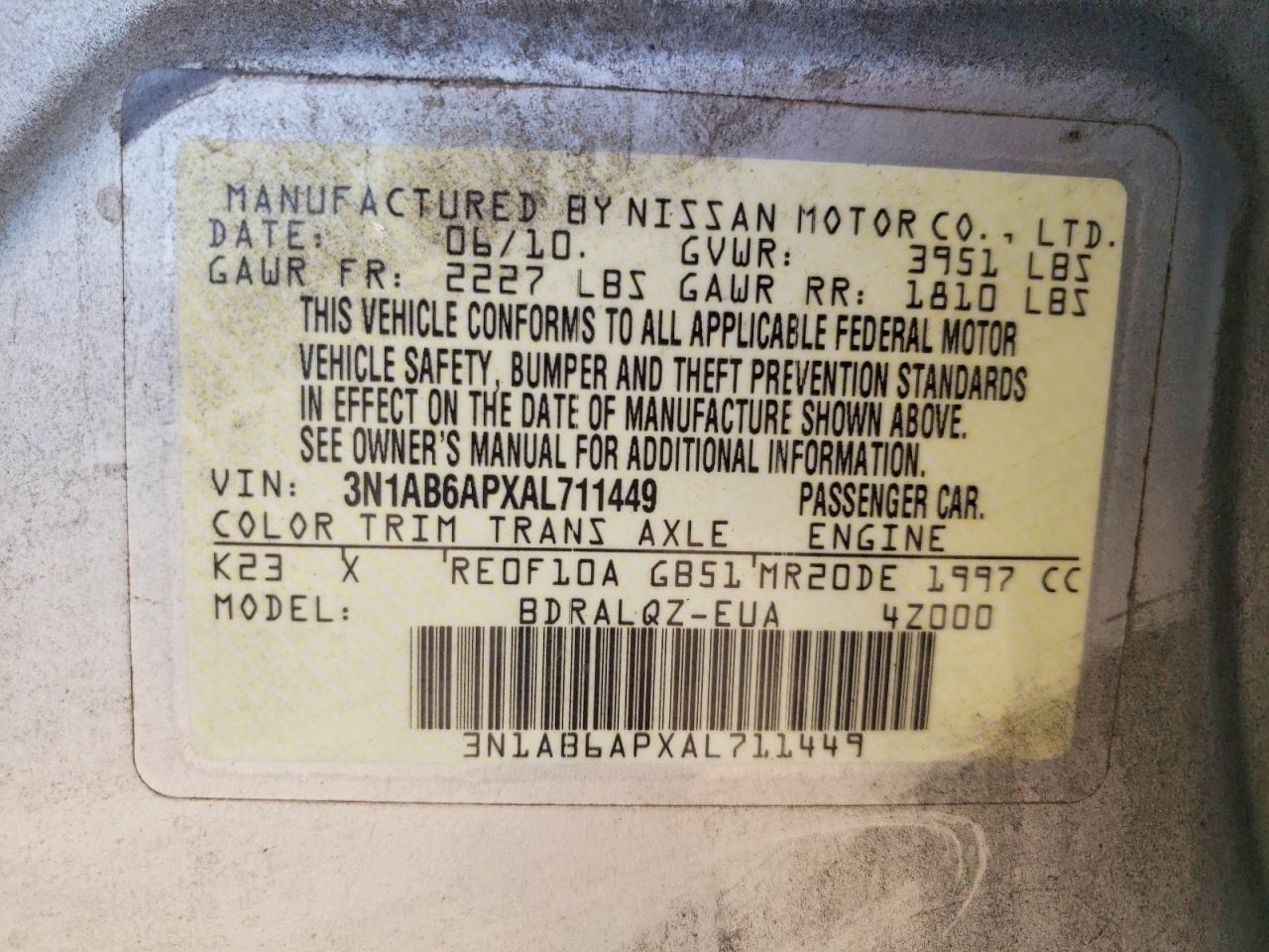 2010 Nissan Sentra 2.0 Silver vin: 3N1AB6APXAL711449