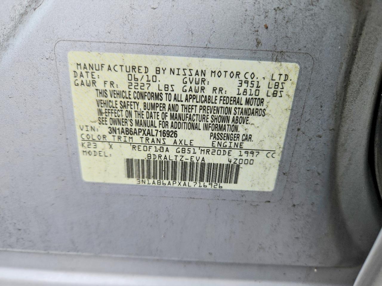 2010 Nissan Sentra 2.0 Серебряный vin: 3N1AB6APXAL716926
