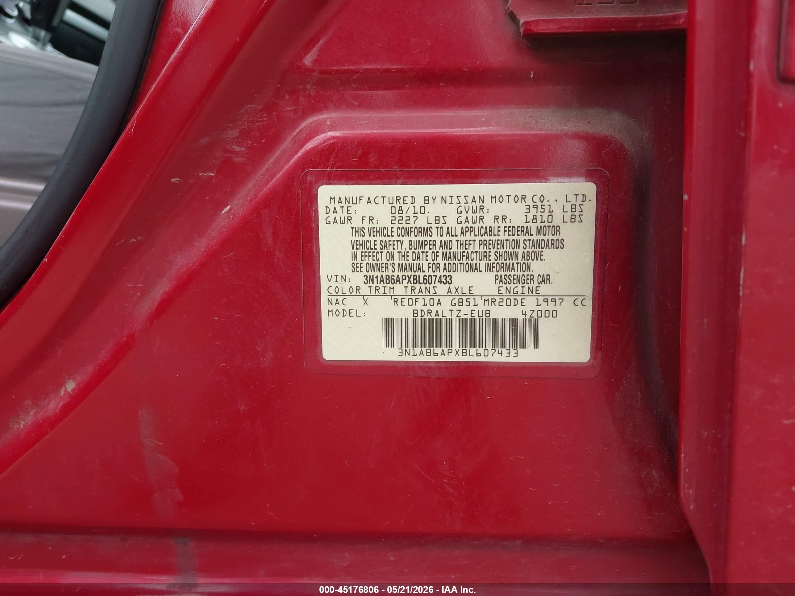 2011 Nissan Sentra 2.0s Red vin: 3N1AB6APXBL607433