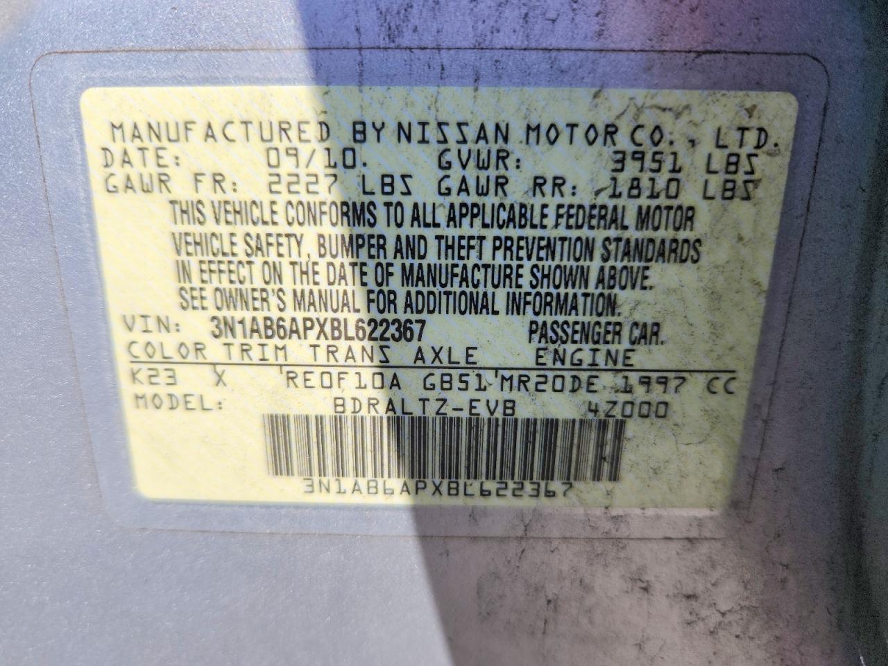 2011 Nissan Sentra 2.0 Silver vin: 3N1AB6APXBL622367