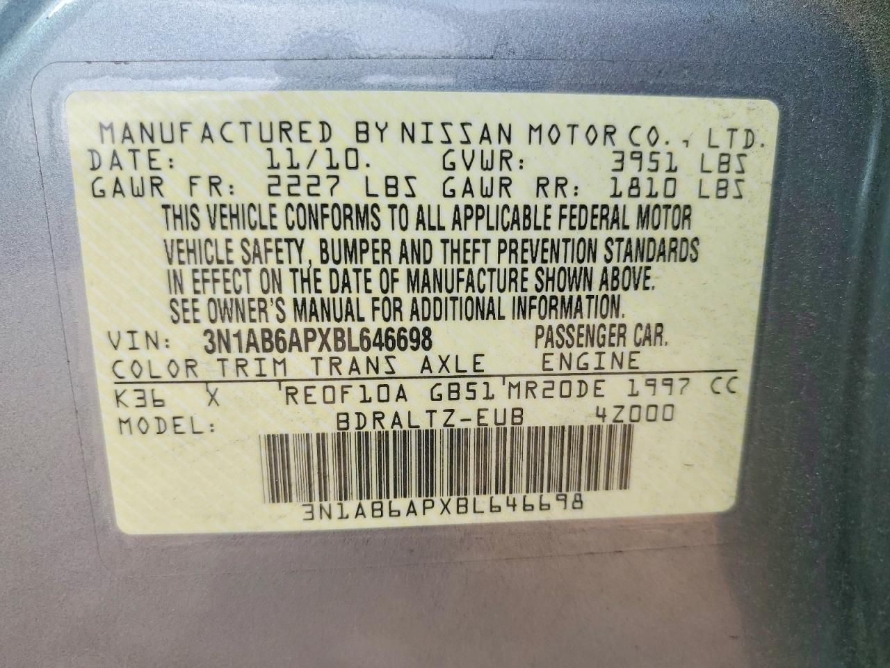 2011 Nissan Sentra 2.0 Gray vin: 3N1AB6APXBL646698