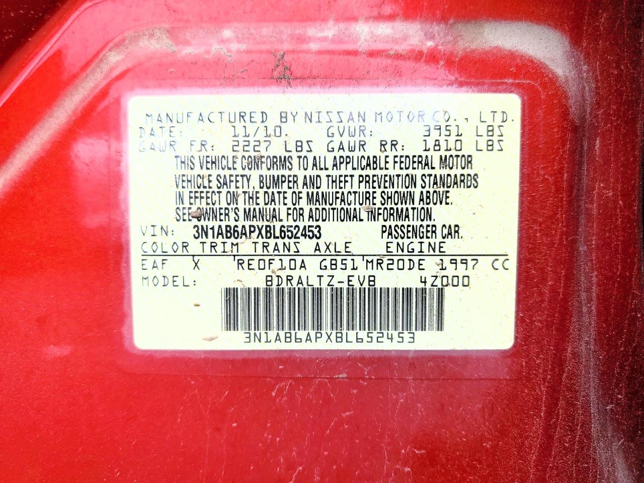 2011 Nissan Sentra 2.0/2.0s/sr/2.0sl Red vin: 3N1AB6APXBL652453