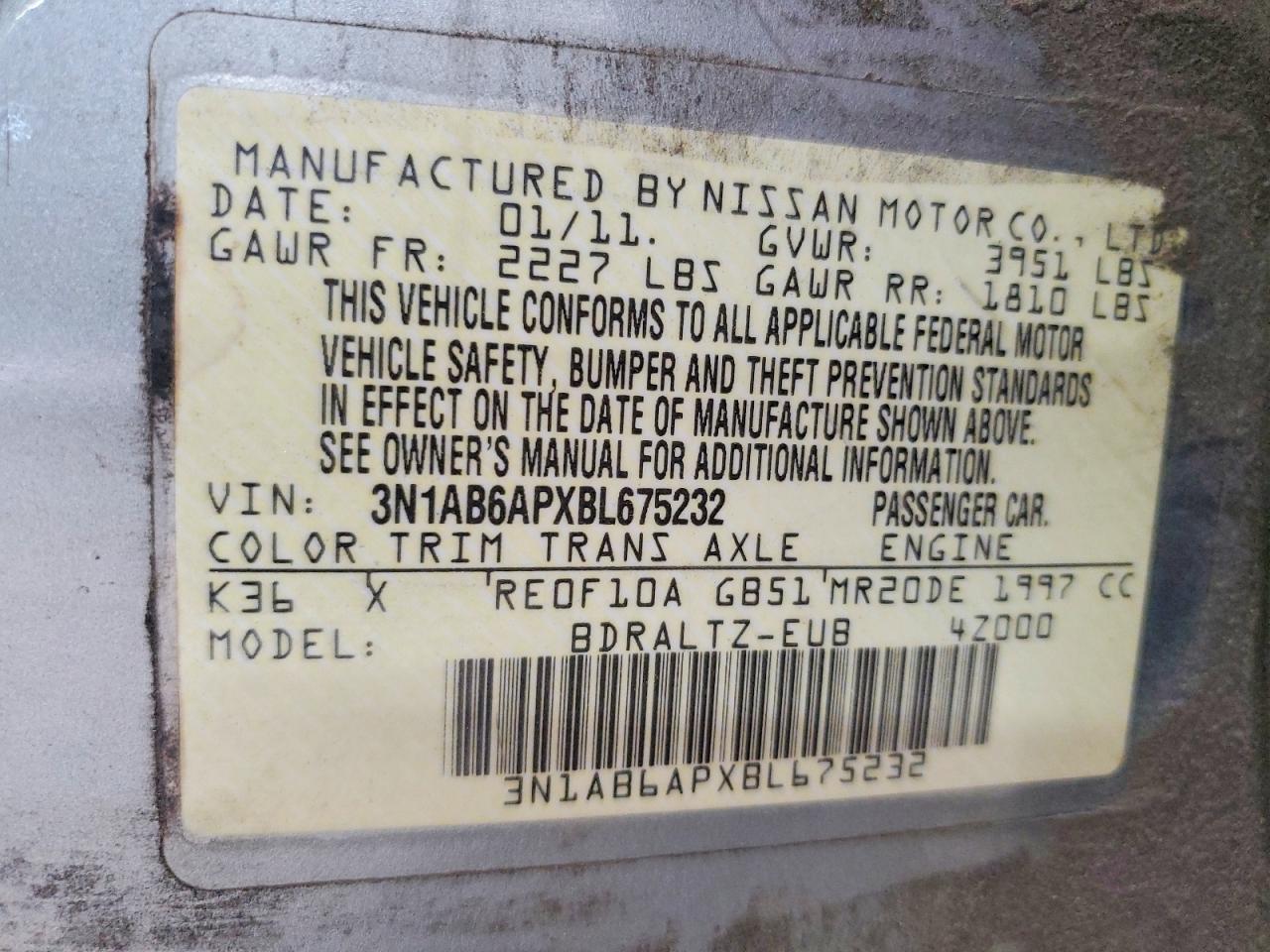 2011 Nissan Sentra 2.0 Gray vin: 3N1AB6APXBL675232