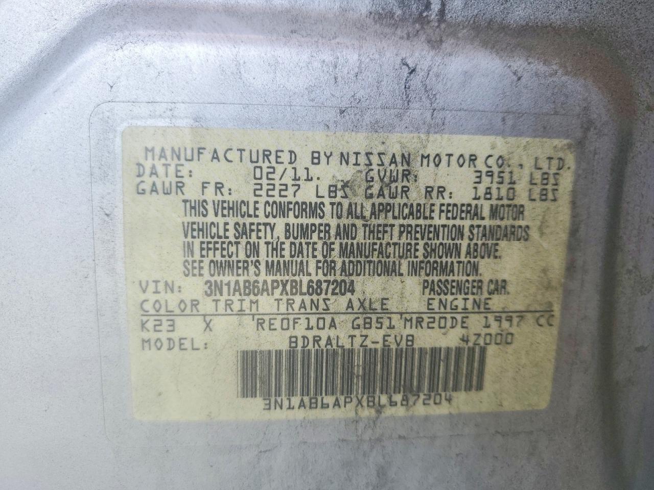 2011 Nissan Sentra 2.0 Серебряный vin: 3N1AB6APXBL687204