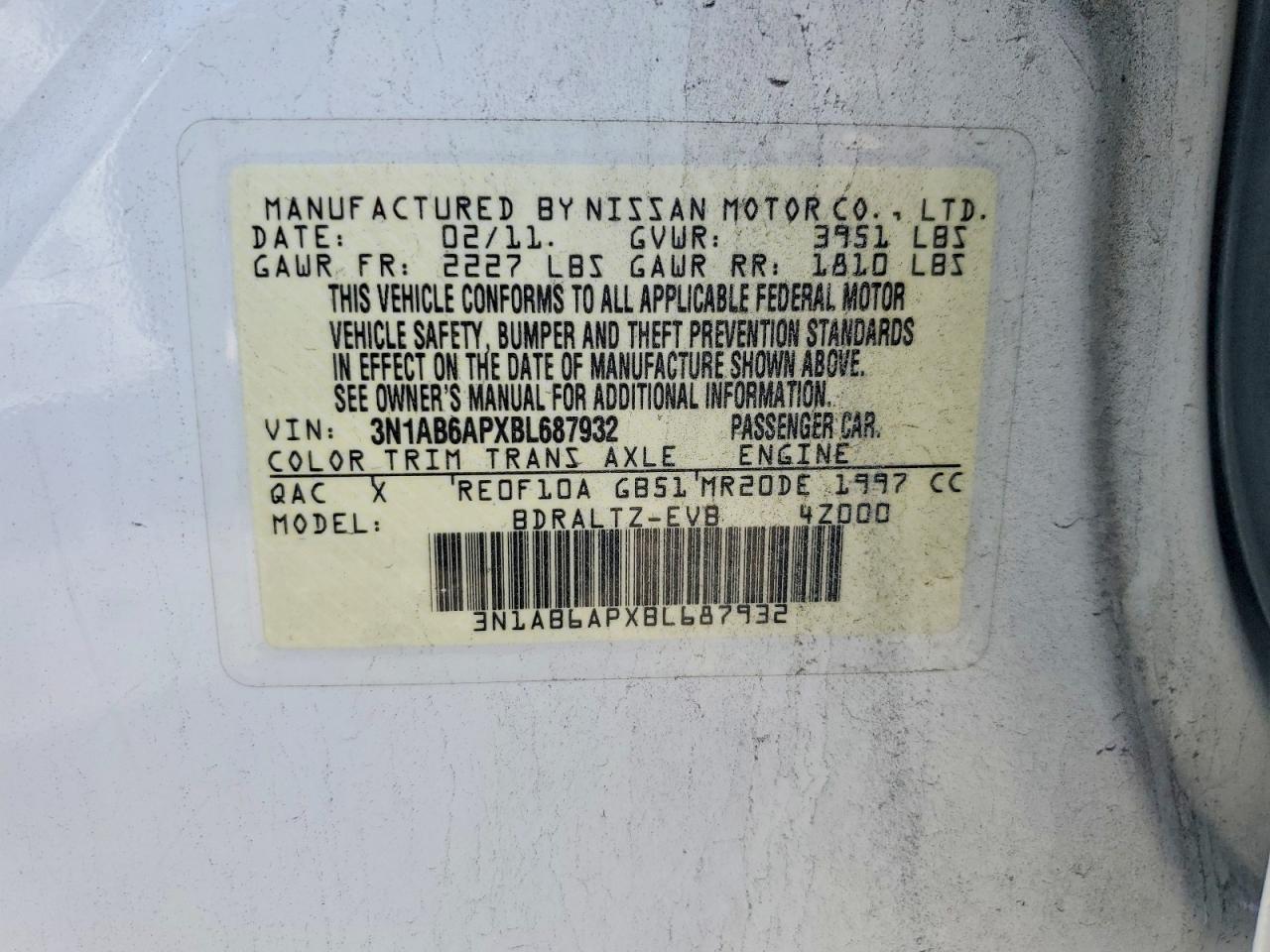 2011 Nissan Sentra 2.0 White vin: 3N1AB6APXBL687932