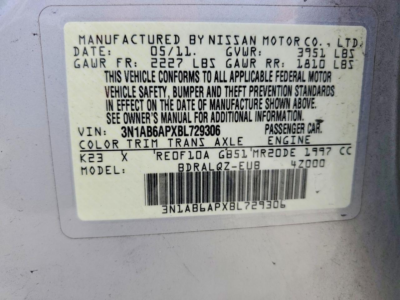 2011 Nissan Sentra 2.0 Silver vin: 3N1AB6APXBL729306