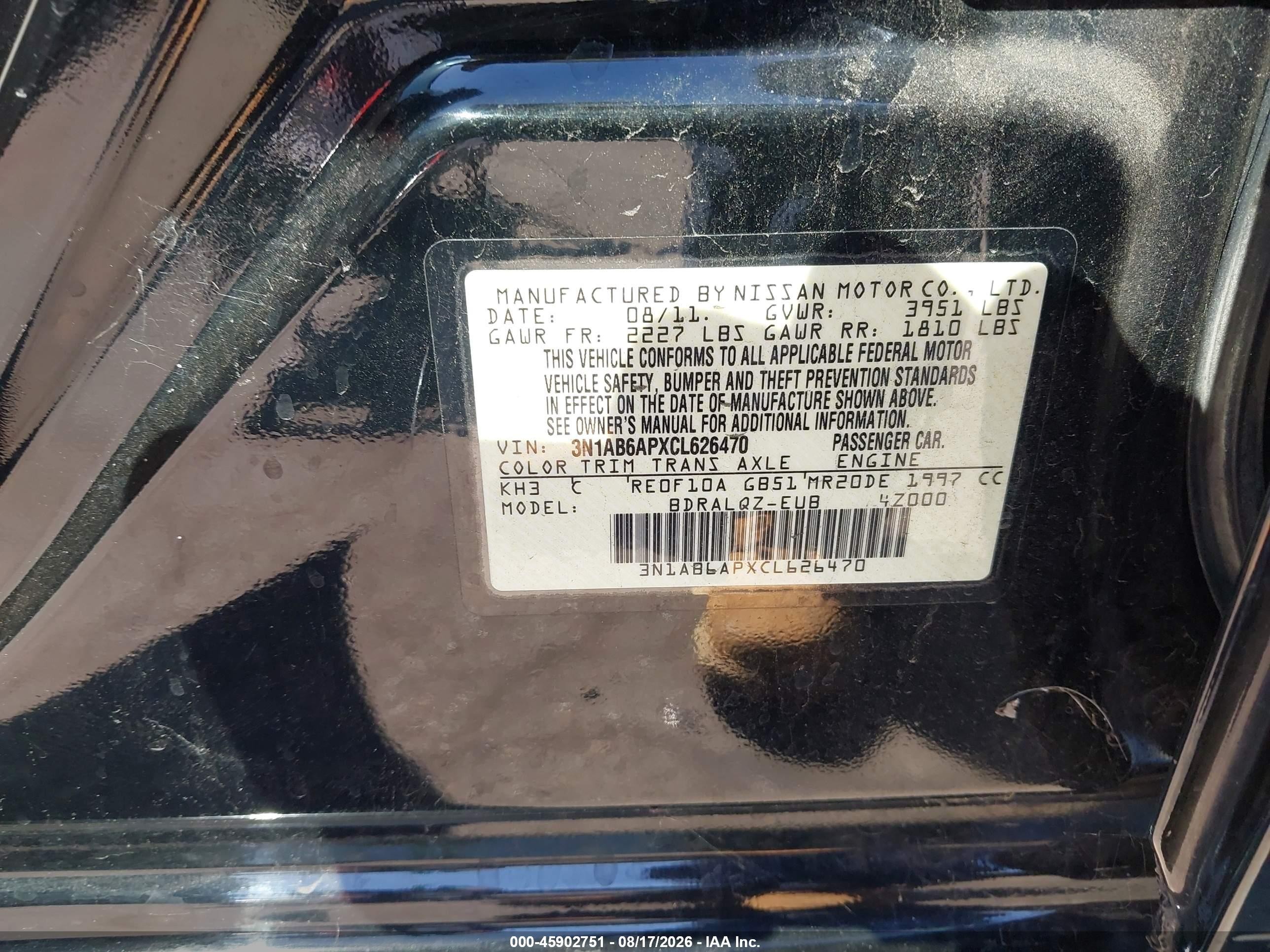 2012 Nissan Sentra 2.0 Black vin: 3N1AB6APXCL626470
