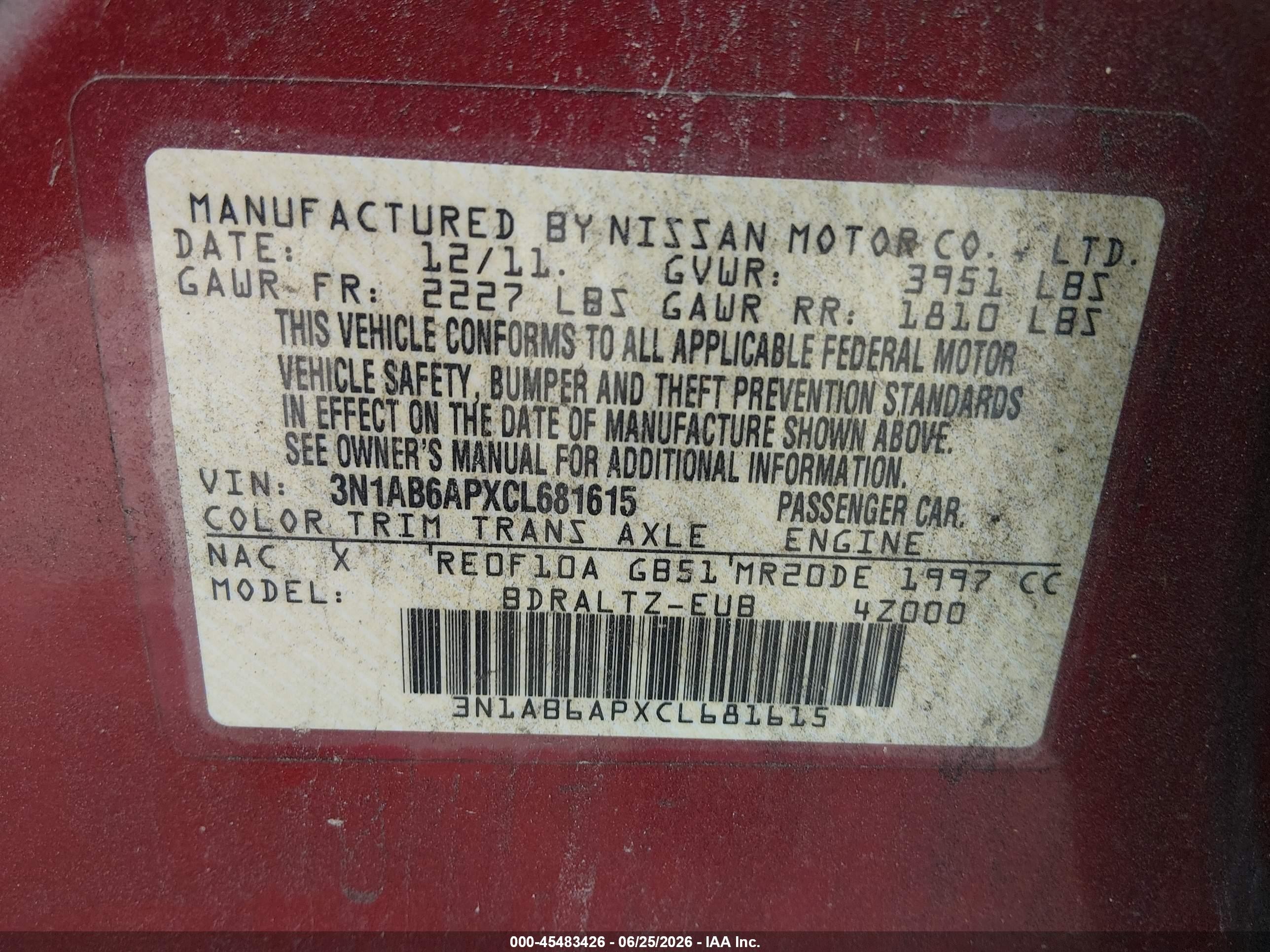 2012 Nissan Sentra 2.0 S Red vin: 3N1AB6APXCL681615