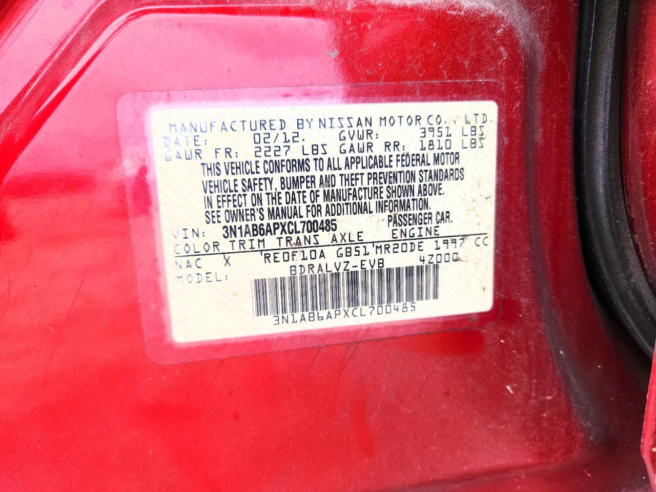 2012 Nissan Sentra 2.0 Red vin: 3N1AB6APXCL700485