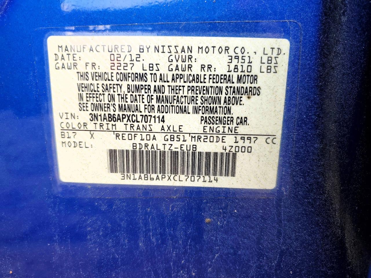 2012 Nissan Sentra 2.0 Blue vin: 3N1AB6APXCL707114