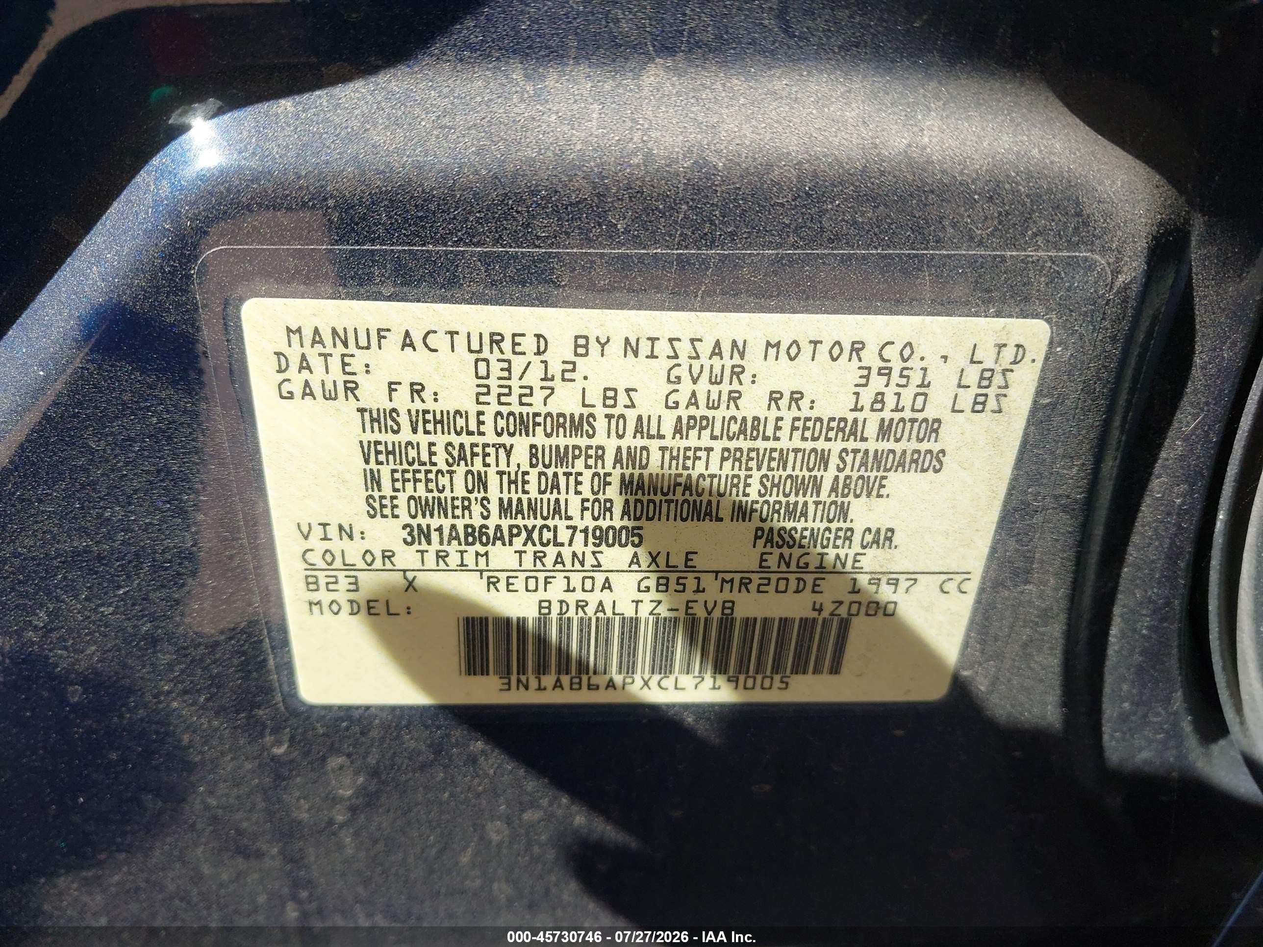 2012 Nissan Sentra 2.0 S Blue vin: 3N1AB6APXCL719005