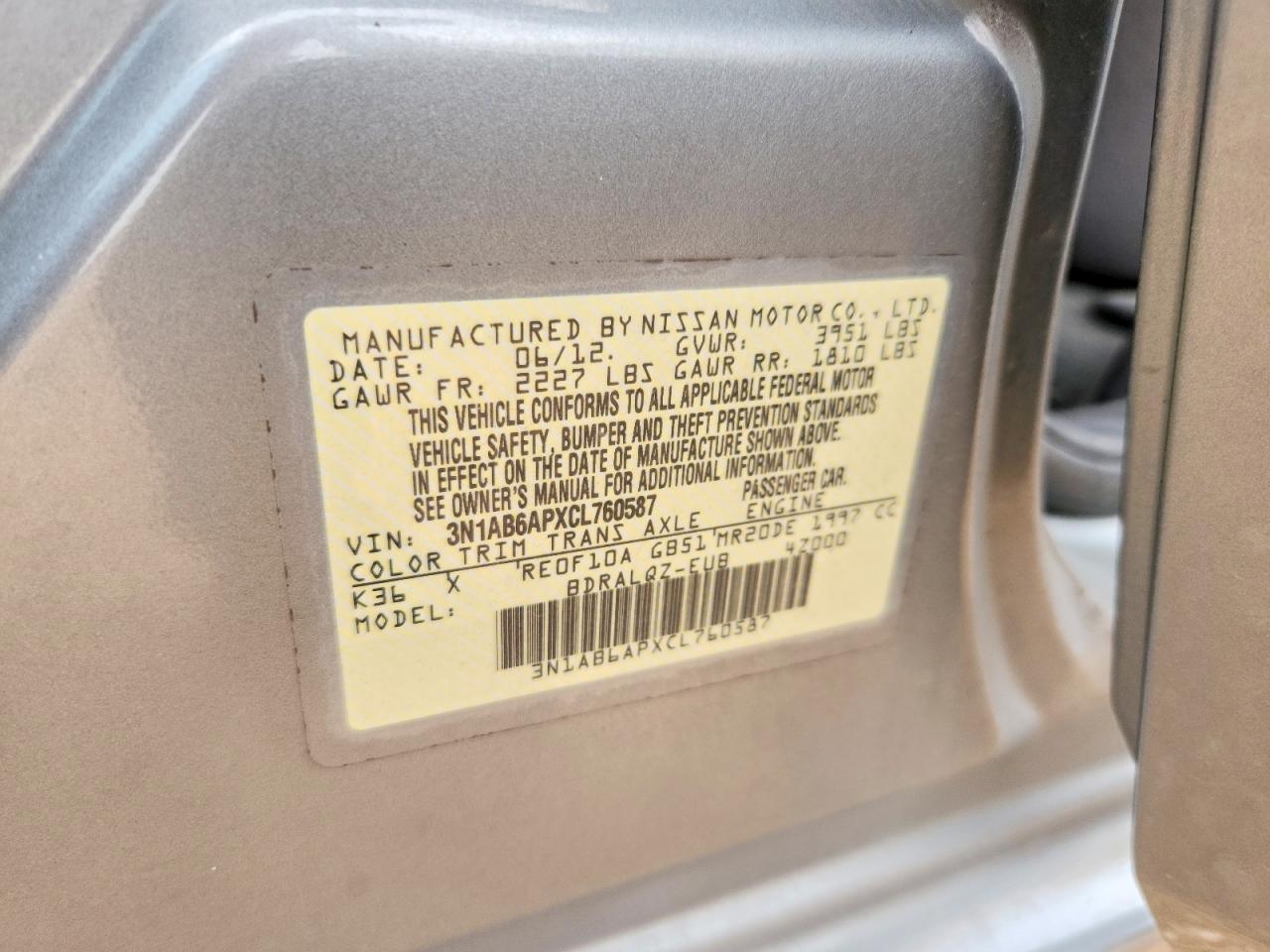 2012 Nissan Sentra 2.0 Gray vin: 3N1AB6APXCL760587