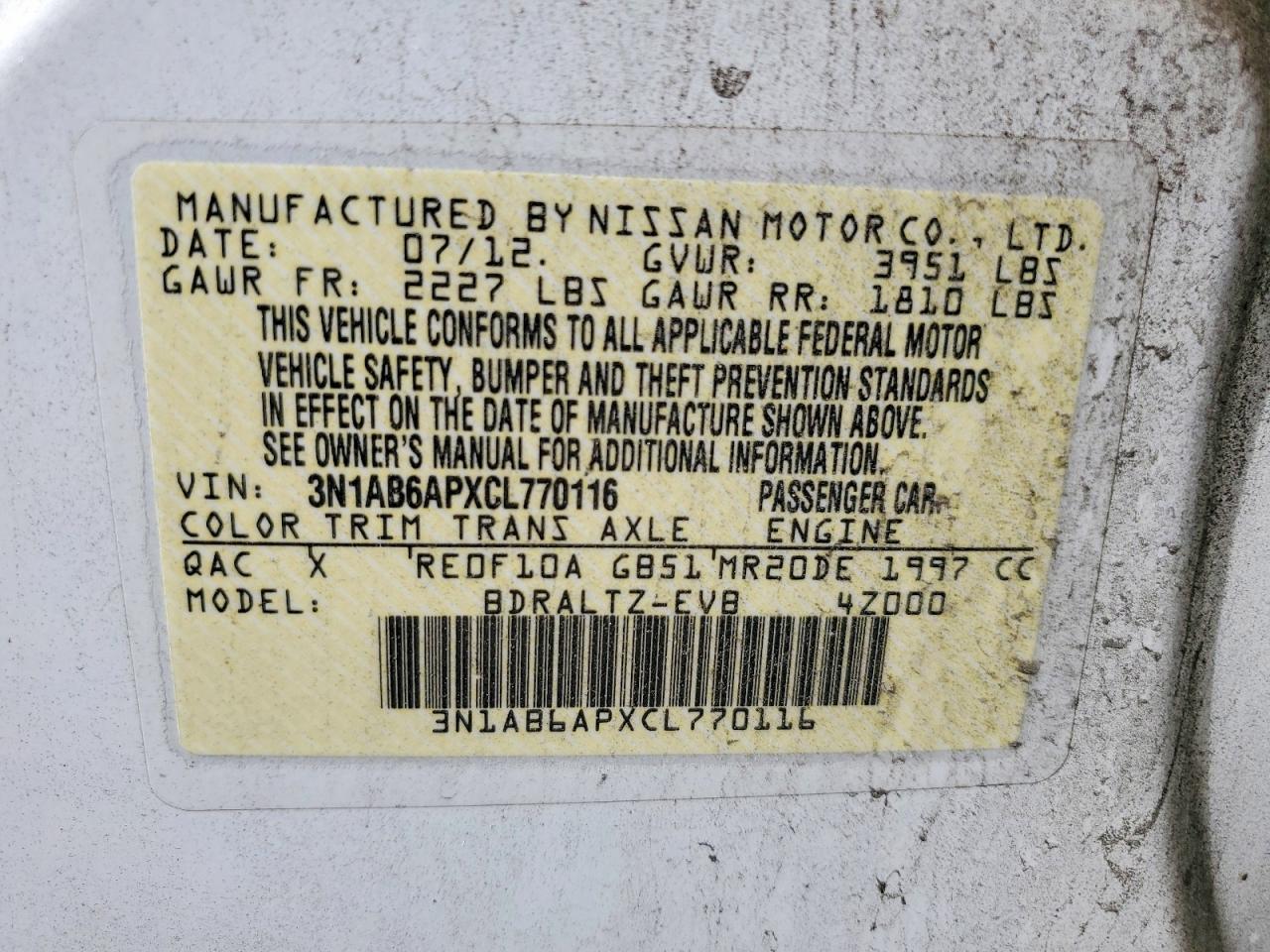 2012 Nissan Sentra 2.0 White vin: 3N1AB6APXCL770116