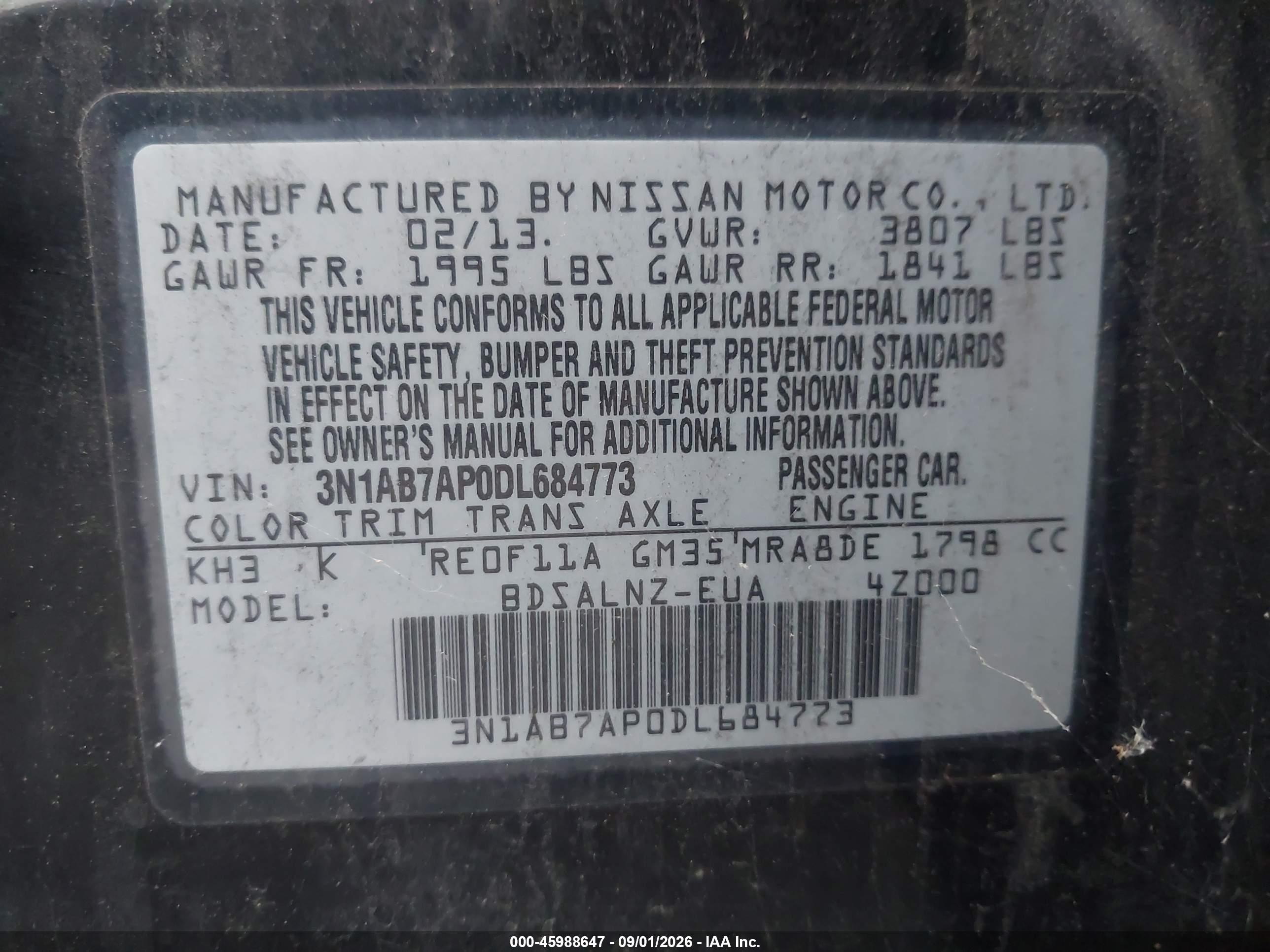 2013 Nissan Sentra Fe+ Sv Black vin: 3N1AB7AP0DL684773