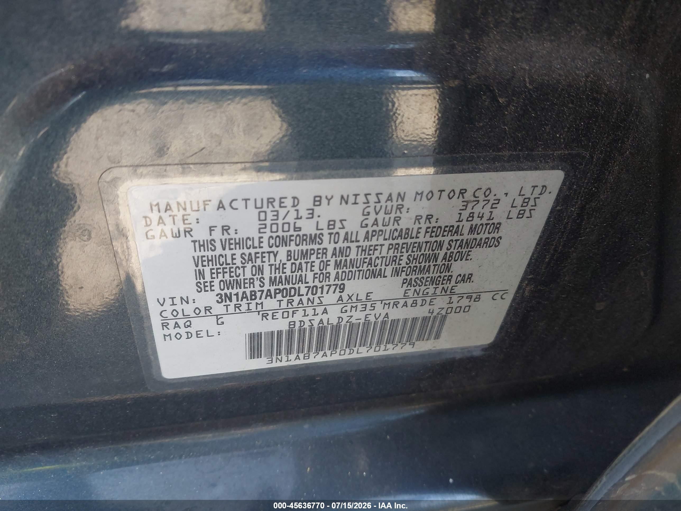 2013 Nissan Sentra Sv Blue vin: 3N1AB7AP0DL701779