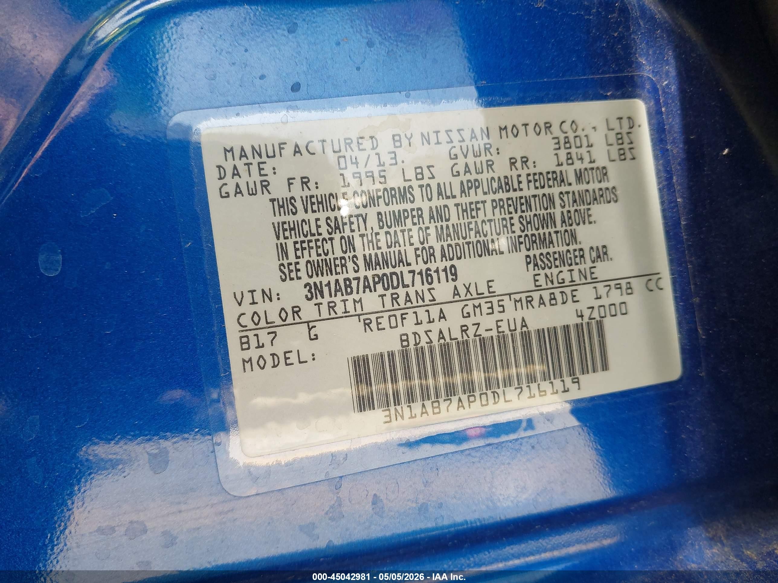 2013 Nissan Sentra Sr Синий vin: 3N1AB7AP0DL716119