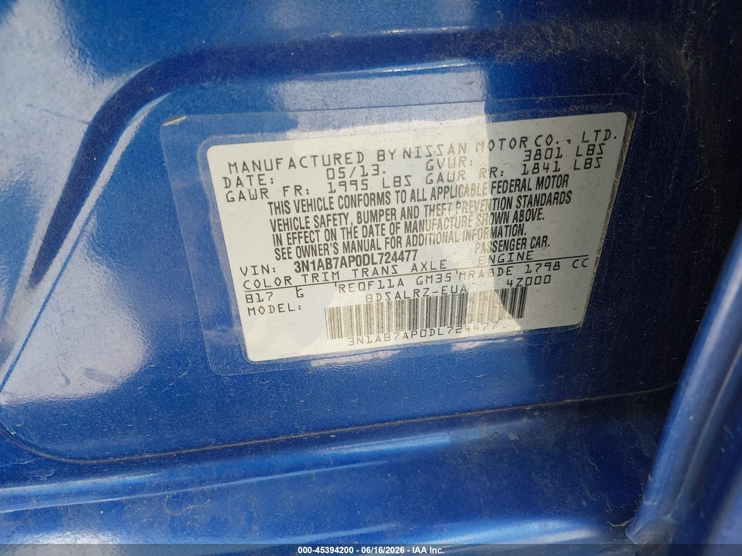 2013 Nissan Sentra Sr Blue vin: 3N1AB7AP0DL724477