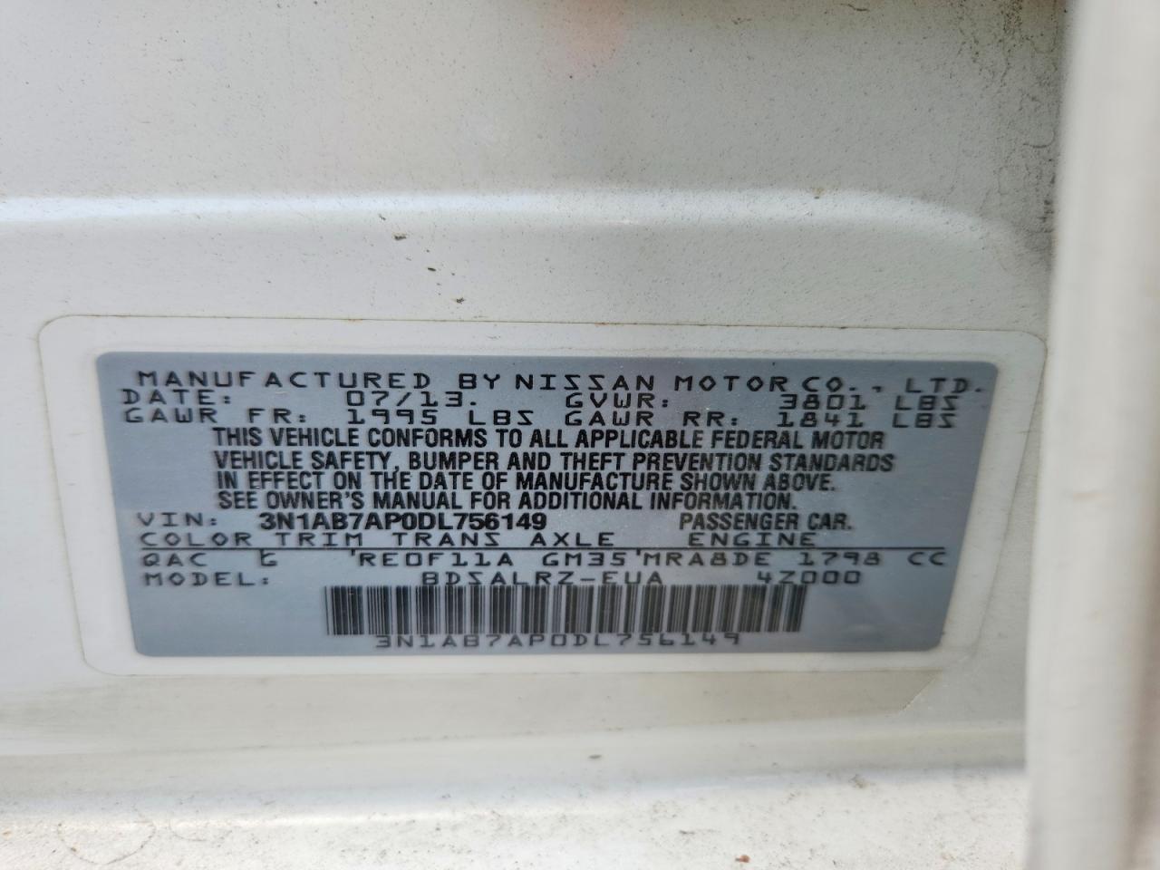 2013 Nissan Sentra S White vin: 3N1AB7AP0DL756149