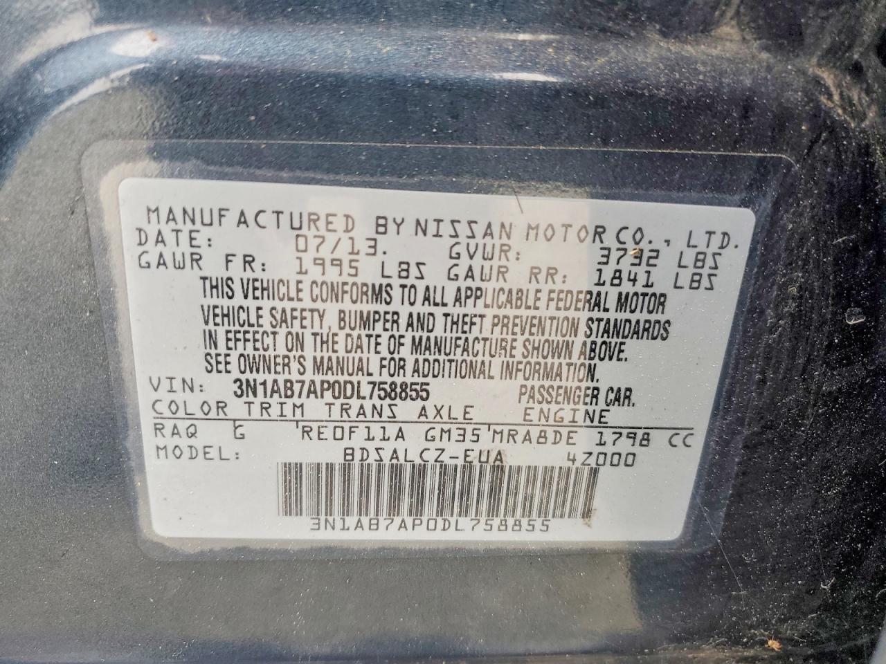 2013 Nissan Sentra S Teal vin: 3N1AB7AP0DL758855