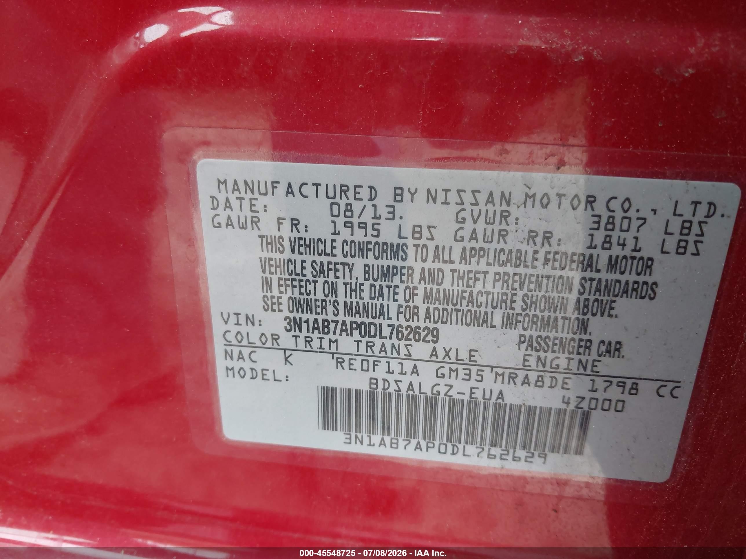 2013 Nissan Sentra Sl Red vin: 3N1AB7AP0DL762629