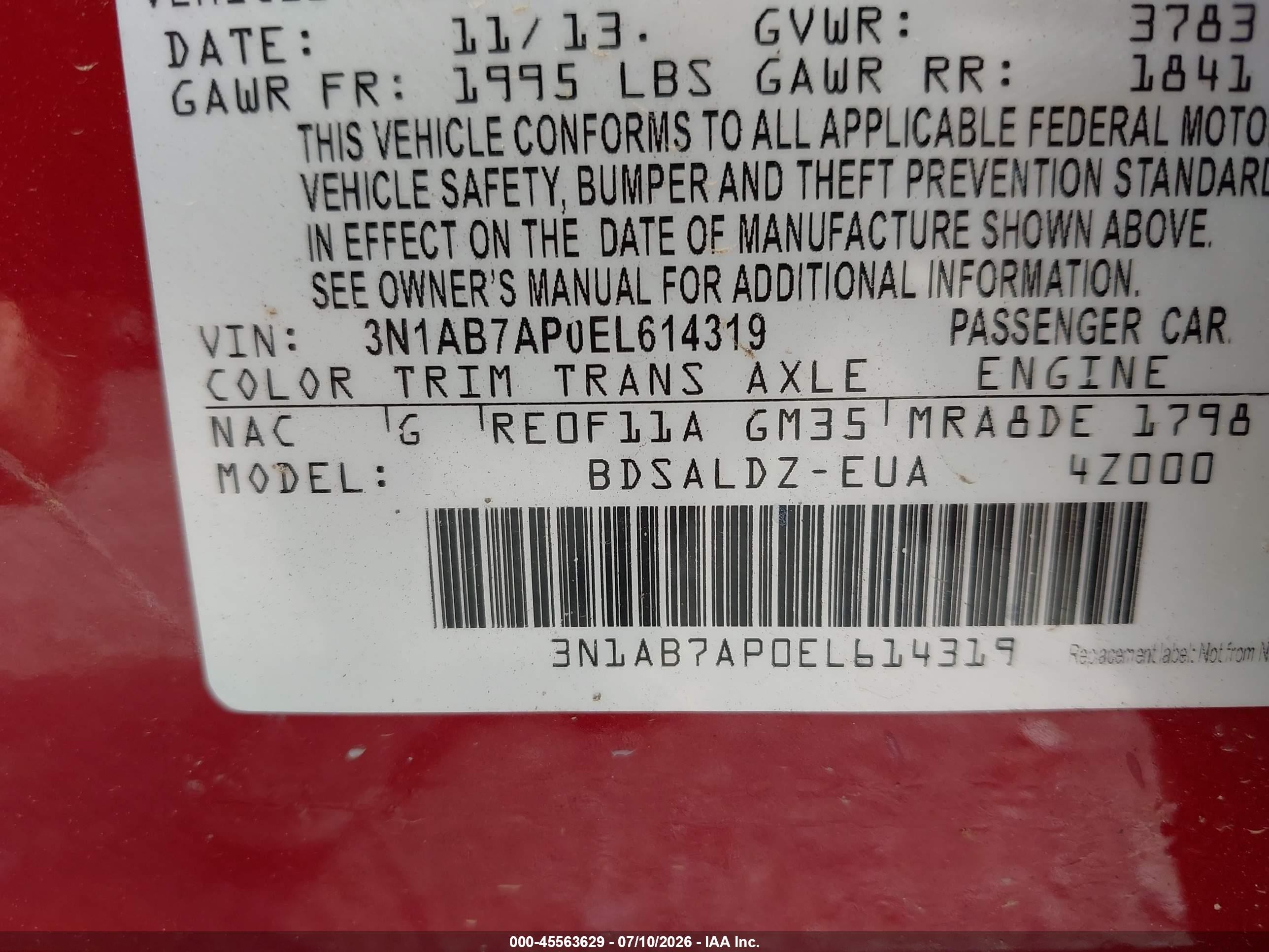 2014 Nissan Sentra Sv Red vin: 3N1AB7AP0EL614319
