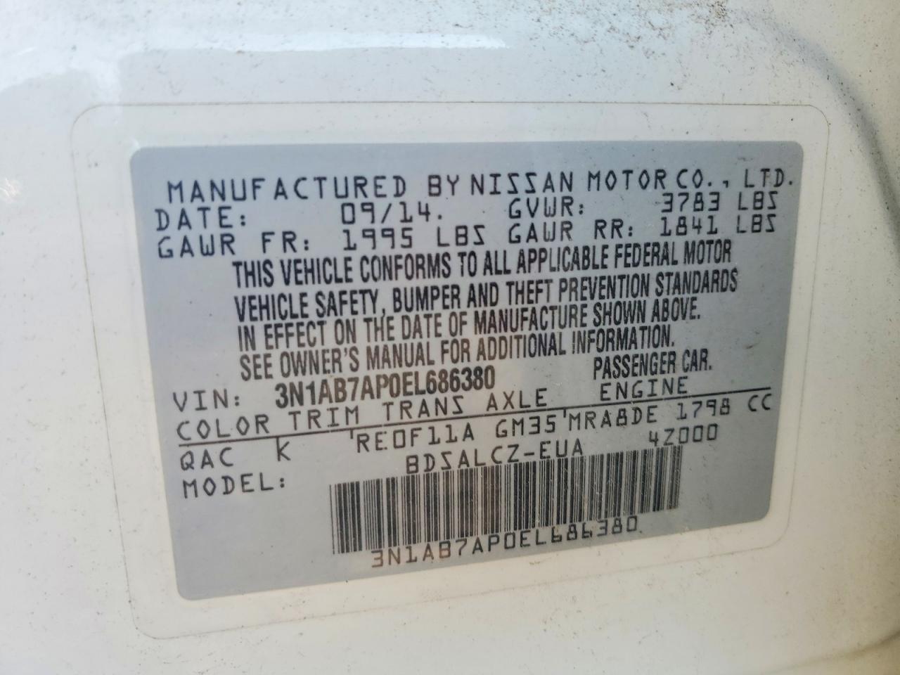 2014 Nissan Sentra S White vin: 3N1AB7AP0EL686380