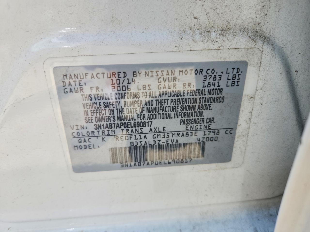 2014 Nissan Sentra White vin: 3N1AB7AP0EL690817