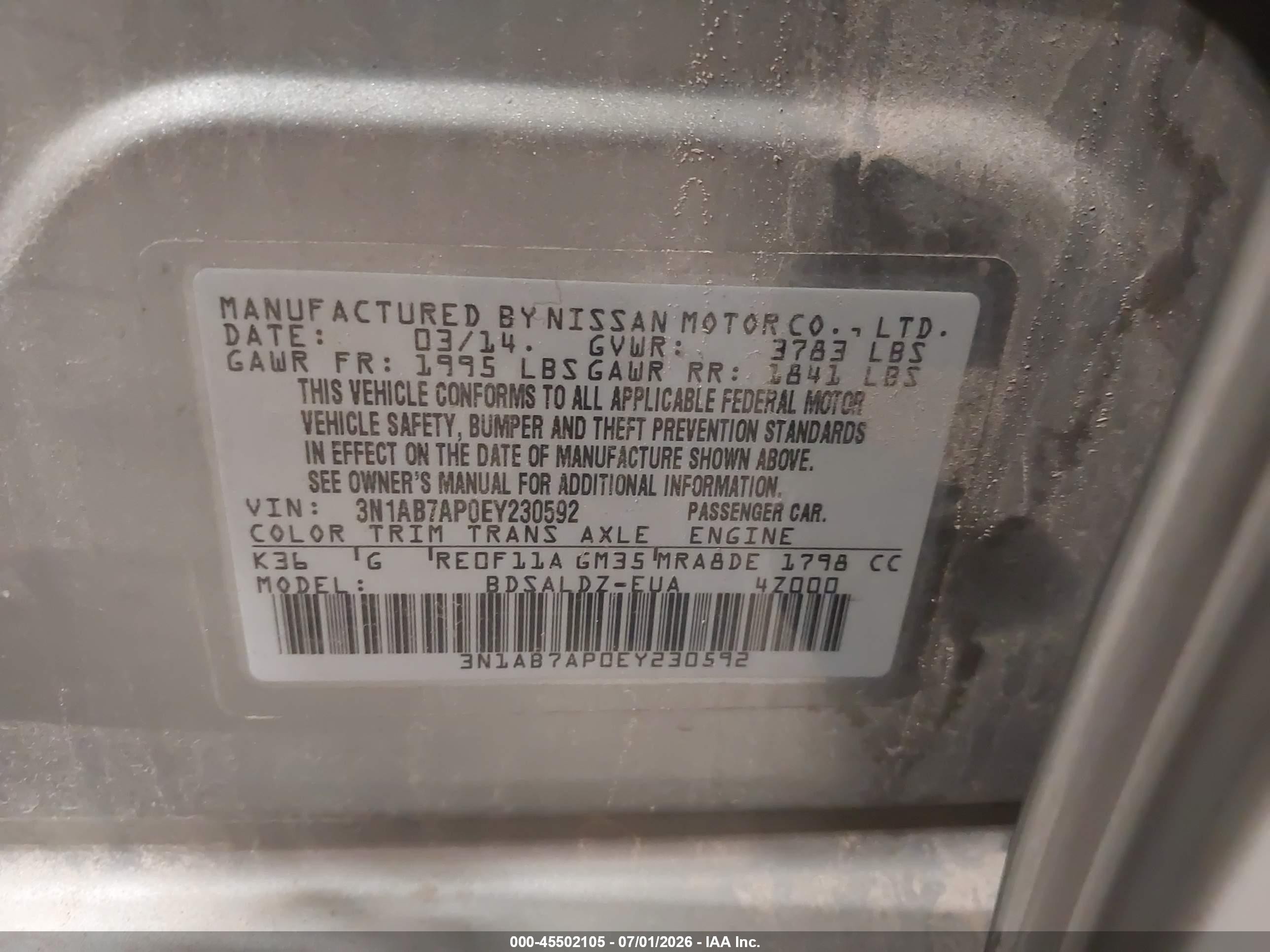 2014 Nissan Sentra Fe+ S/fe+ Sv/s/sl/sr/sv Gold vin: 3N1AB7AP0EY230592